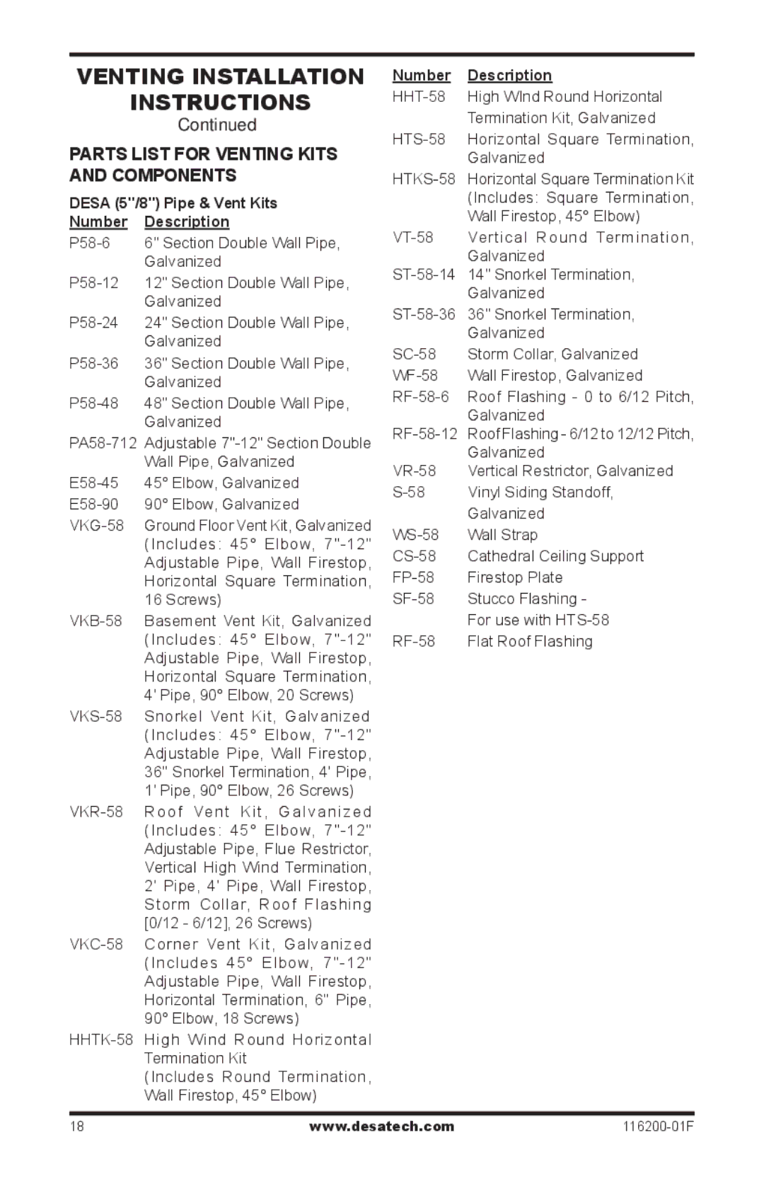 Desa (V)VC36N, CGCDV36PR Parts list for venting kits and components, Desa 5/8 Pipe & Vent Kits Number Description 