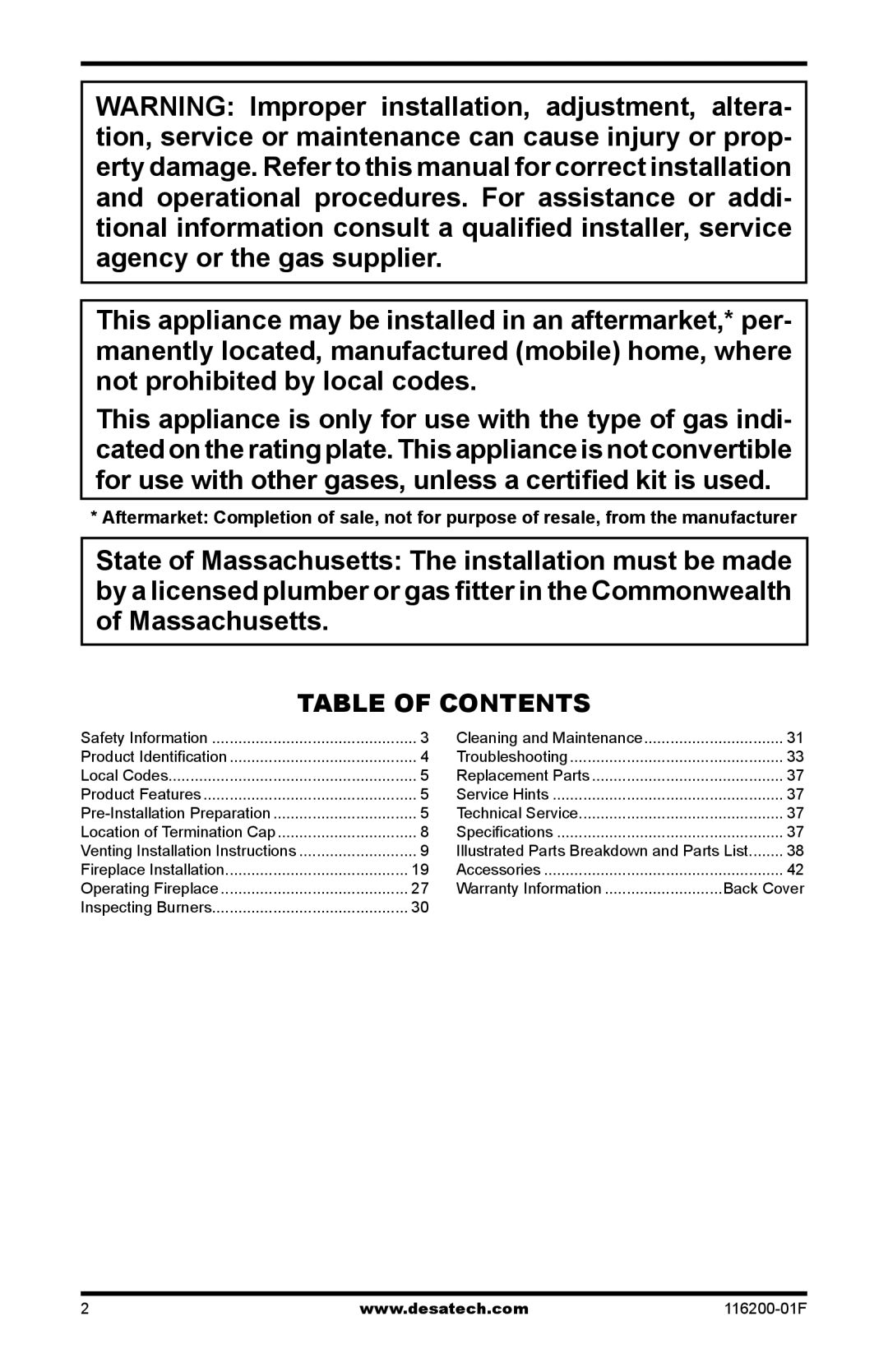 Desa (V)VC36N, CGCDV36PR installation manual Table of Contents 