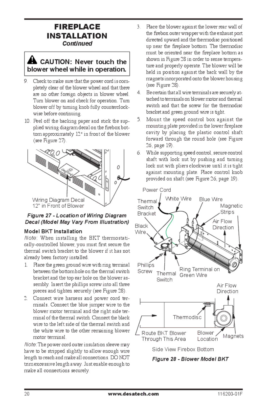 Desa (V)VC36N, CGCDV36PR installation manual Model BKT Installation, Blower Model BKT 