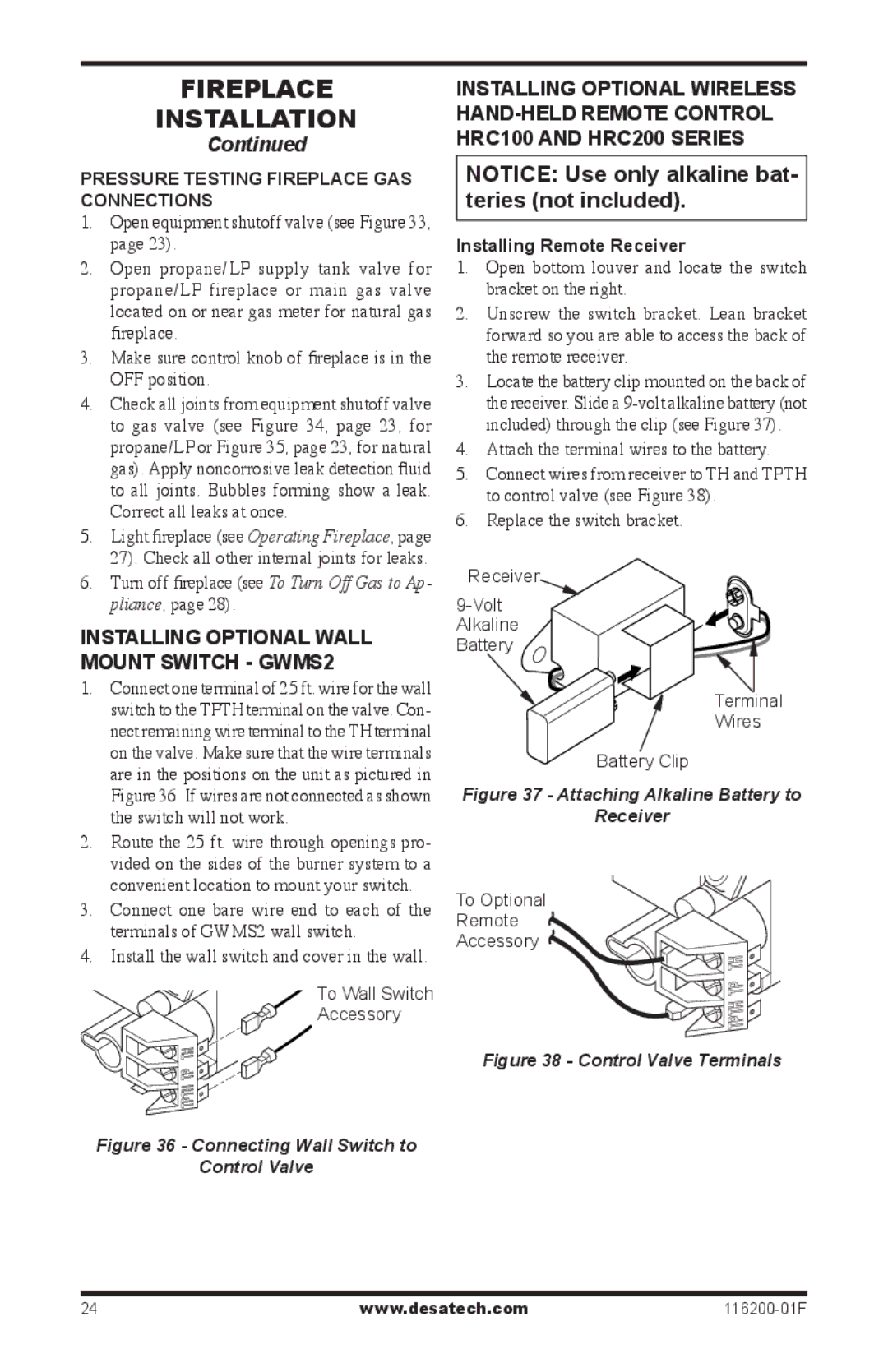 Desa (V)VC36N, CGCDV36PR Installing optional wall Mount Switch gwmS2, Pressure Testing Fireplace Gas Connections 