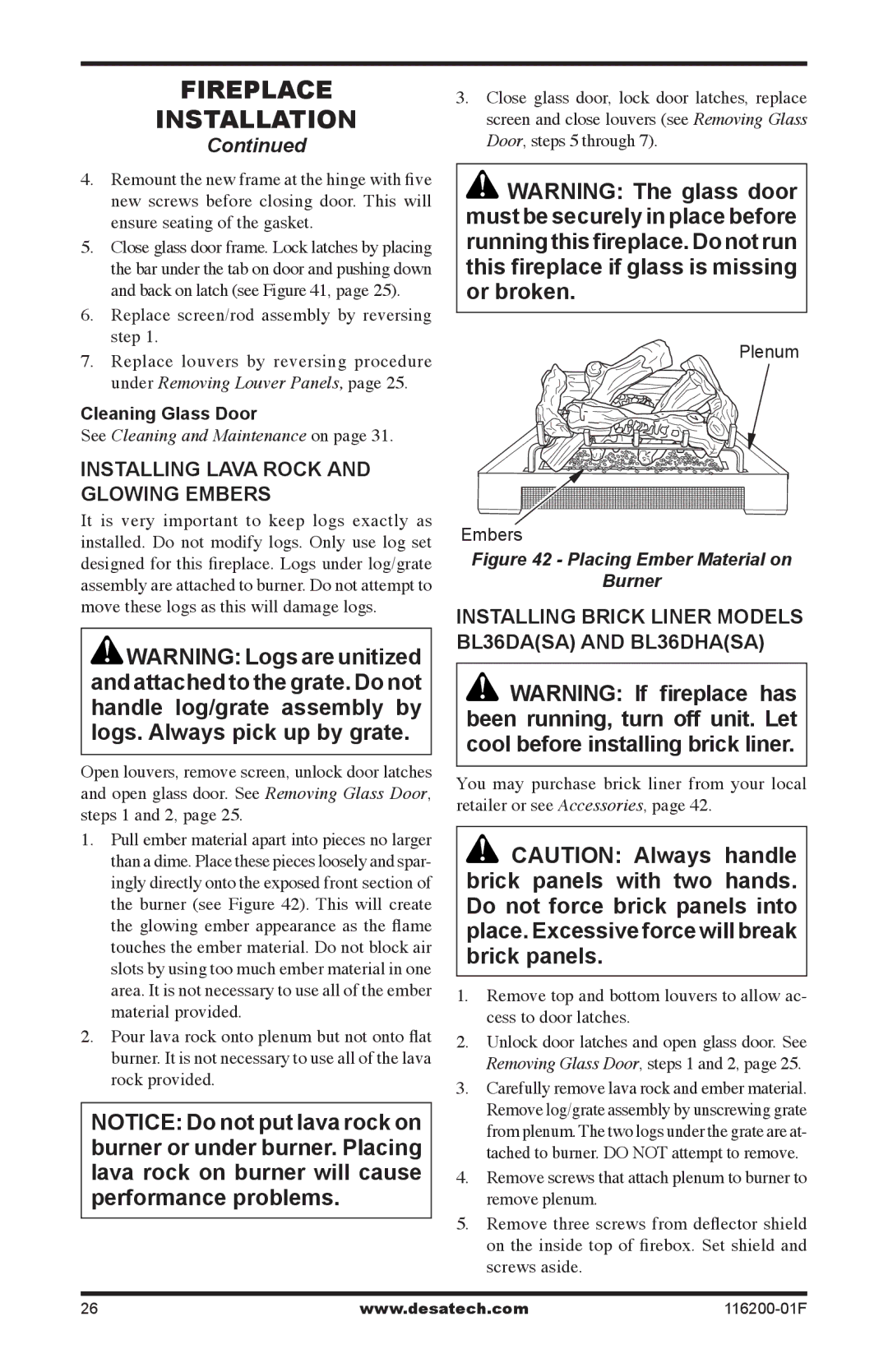 Desa (V)VC36N, CGCDV36PR Installing lava rock and glowing embers, Installing Brick liner Models BL36DASA and BL36DHASA 