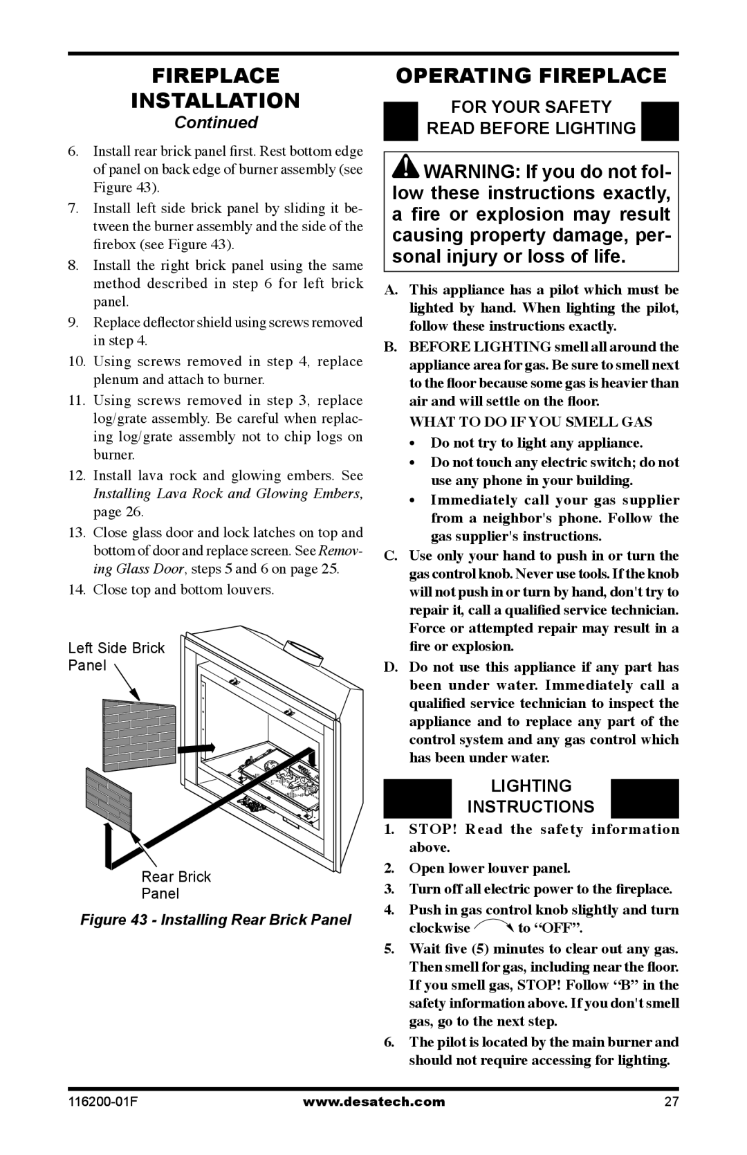 Desa CGCDV36PR, (V)VC36N Operating Fireplace, For your safety Read before lighting, Lighting Instructions 