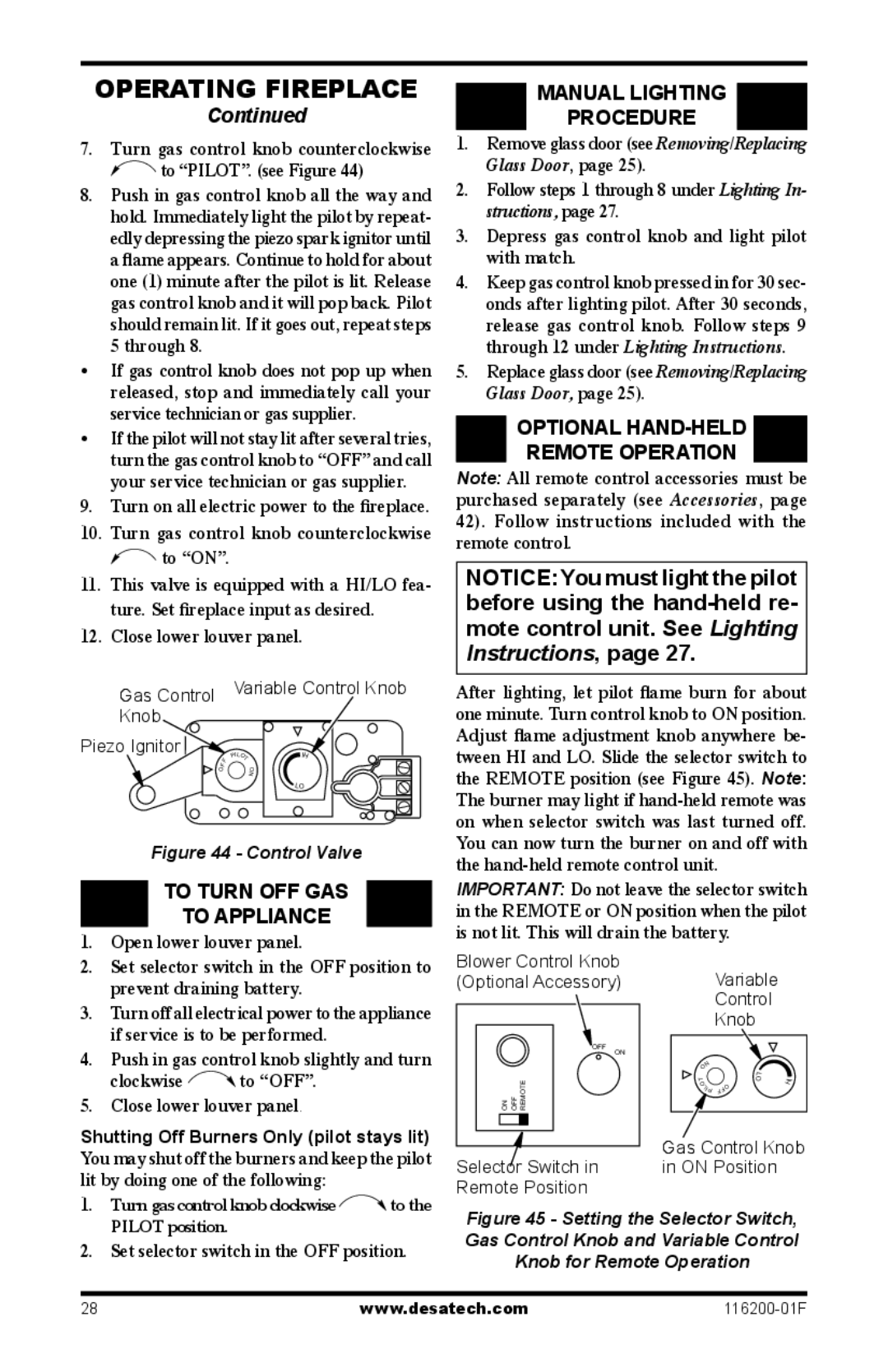 Desa (V)VC36N, CGCDV36PR To Turn OFF GAS To Appliance, Manual Lighting Procedure, Optional Hand-Held, Remote Operation 