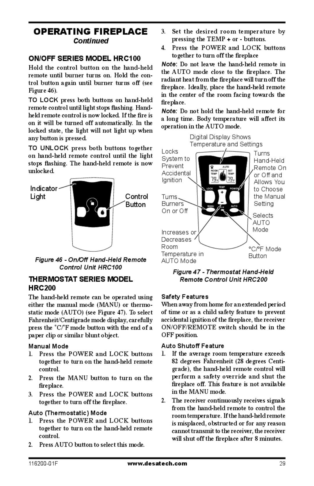 Desa CGCDV36PR, (V)VC36N installation manual On/Off Series Model HRC100, Thermostat Series Model HRC200 