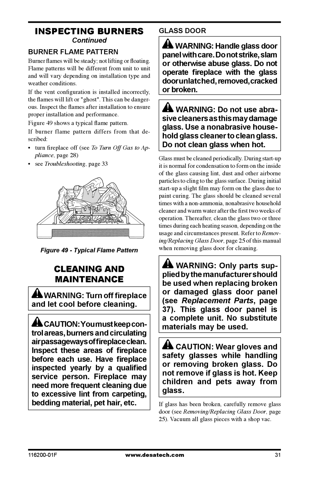 Desa CGCDV36PR, (V)VC36N installation manual Cleaning Maintenance, Burner Flame Pattern, Glass Door 