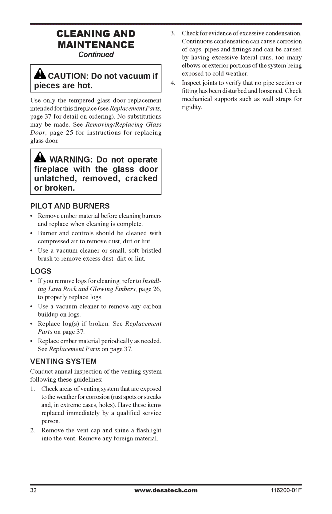 Desa (V)VC36N, CGCDV36PR installation manual Pilot and burners, Logs, Venting system 