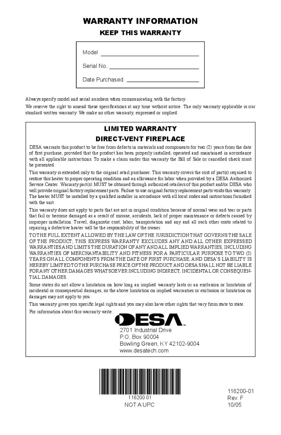 Desa (V)VC36N, CGCDV36PR Warranty Information, Keep this Warranty, Limited Warranty DIRECT-VENT Fireplace 