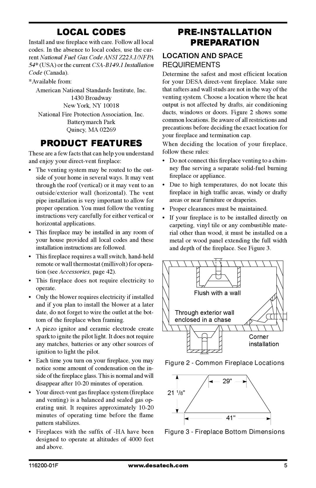 Desa CGCDV36PR, (V)VC36N Local Codes, Product Features, Pre-Installation Preparation, Location and space requirements 