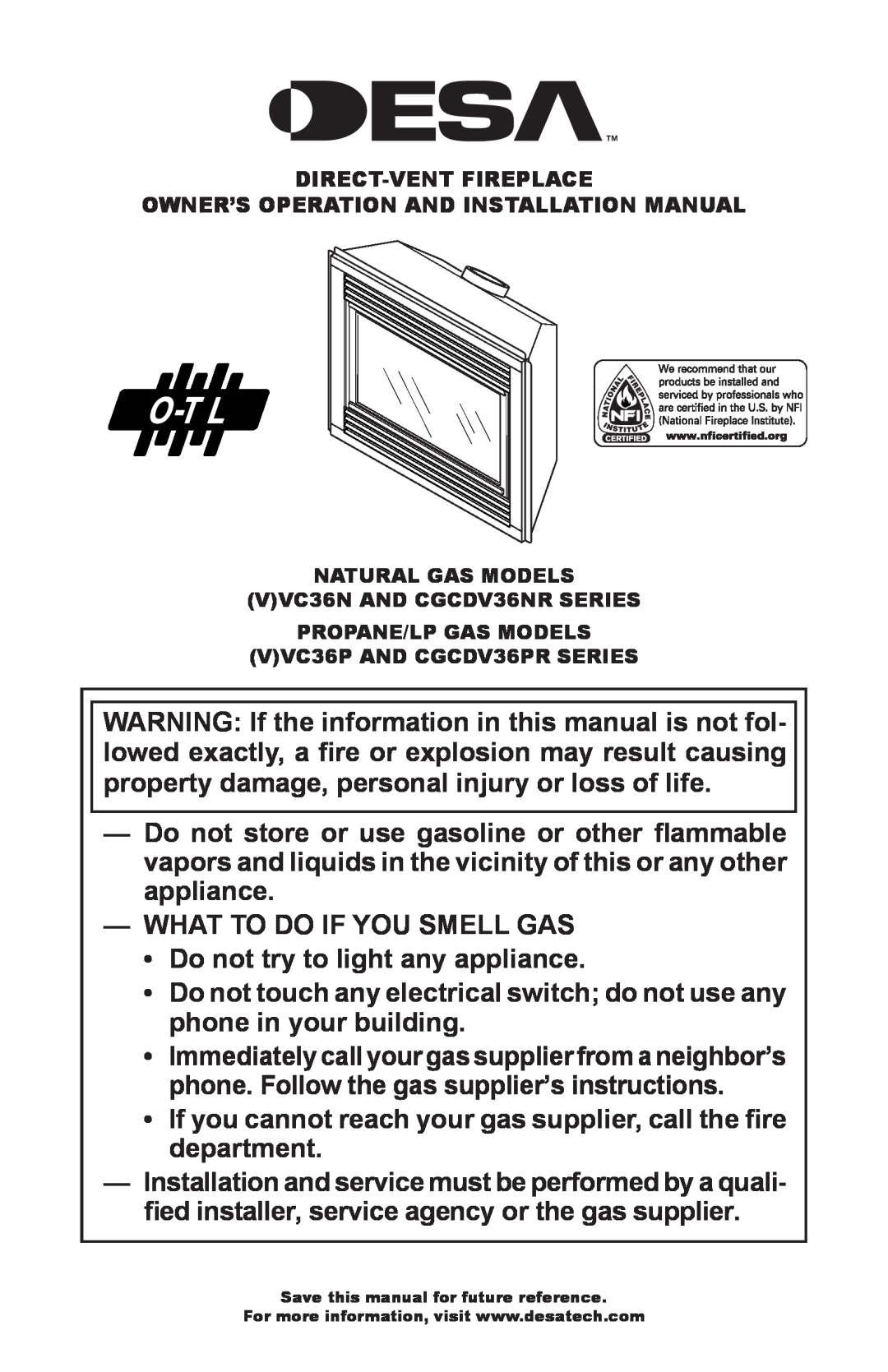 Desa CGCDV36PR, (V)VC36N installation manual What To Do If You Smell Gas 