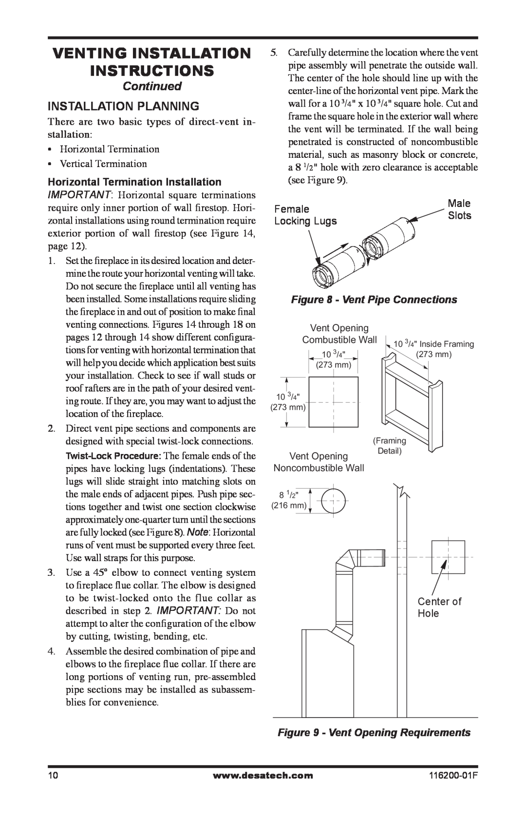 Desa (V)VC36N, CGCDV36PR Venting Installation instructions, Continued, Installation Planning, Vent Pipe Connections 