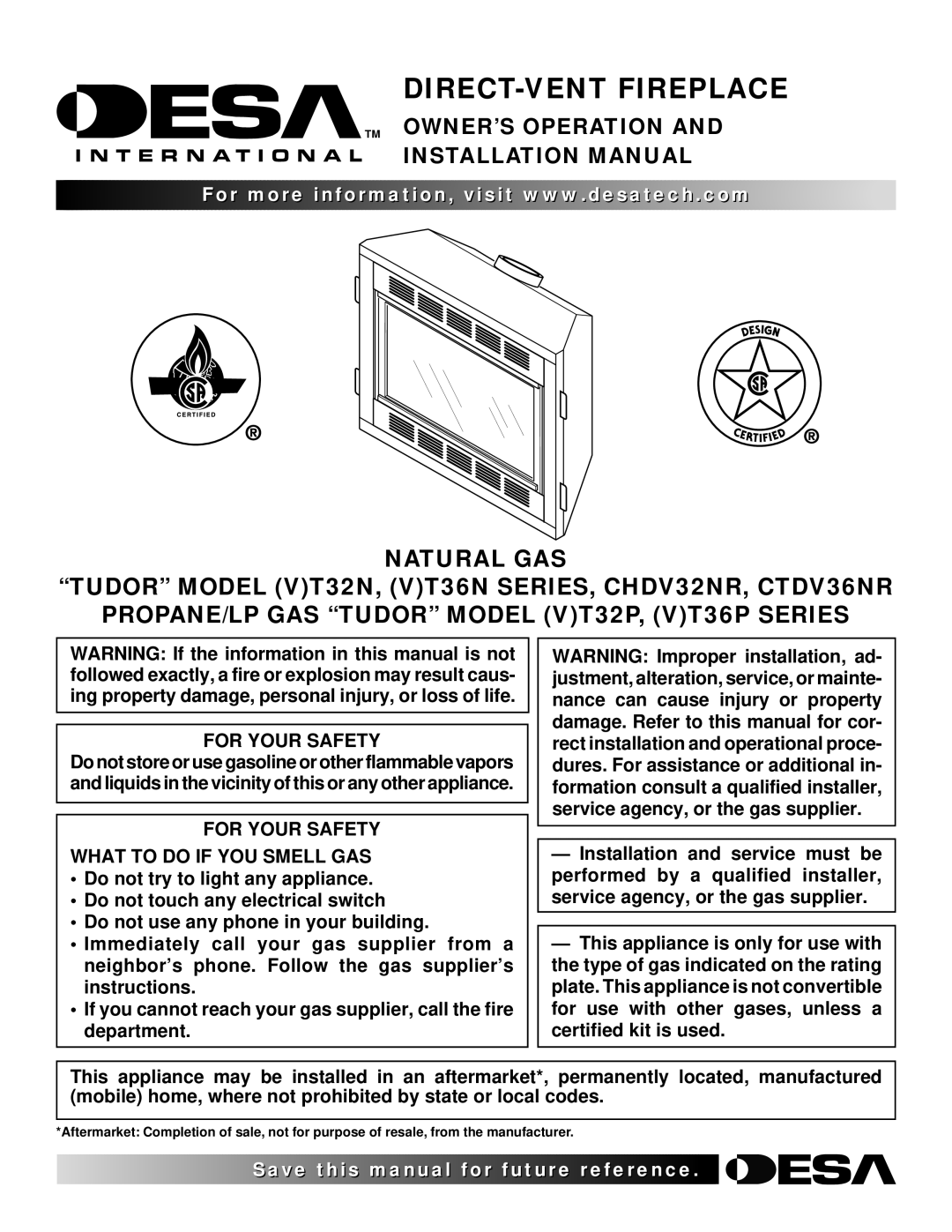 Desa (V)VC36N Series installation manual For Your Safety What to do if YOU Smell GAS 