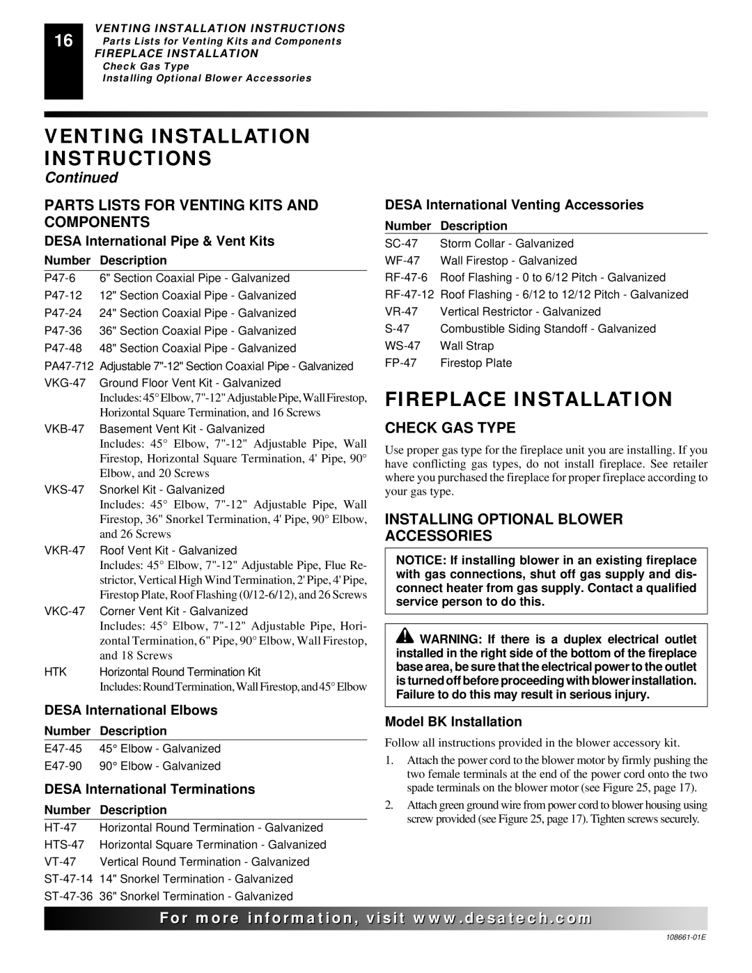 Desa (V)VC36N Series Fireplace Installation, Parts Lists for Venting Kits and Components, Check GAS Type 