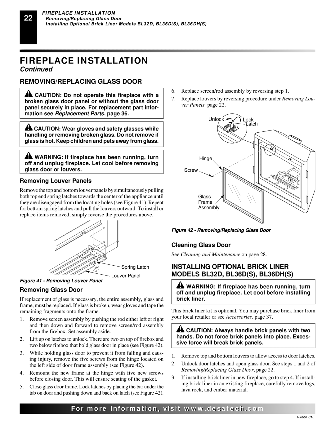 Desa (V)VC36N Series REMOVING/REPLACING Glass Door, Removing Louver Panels, Removing Glass Door, Cleaning Glass Door 