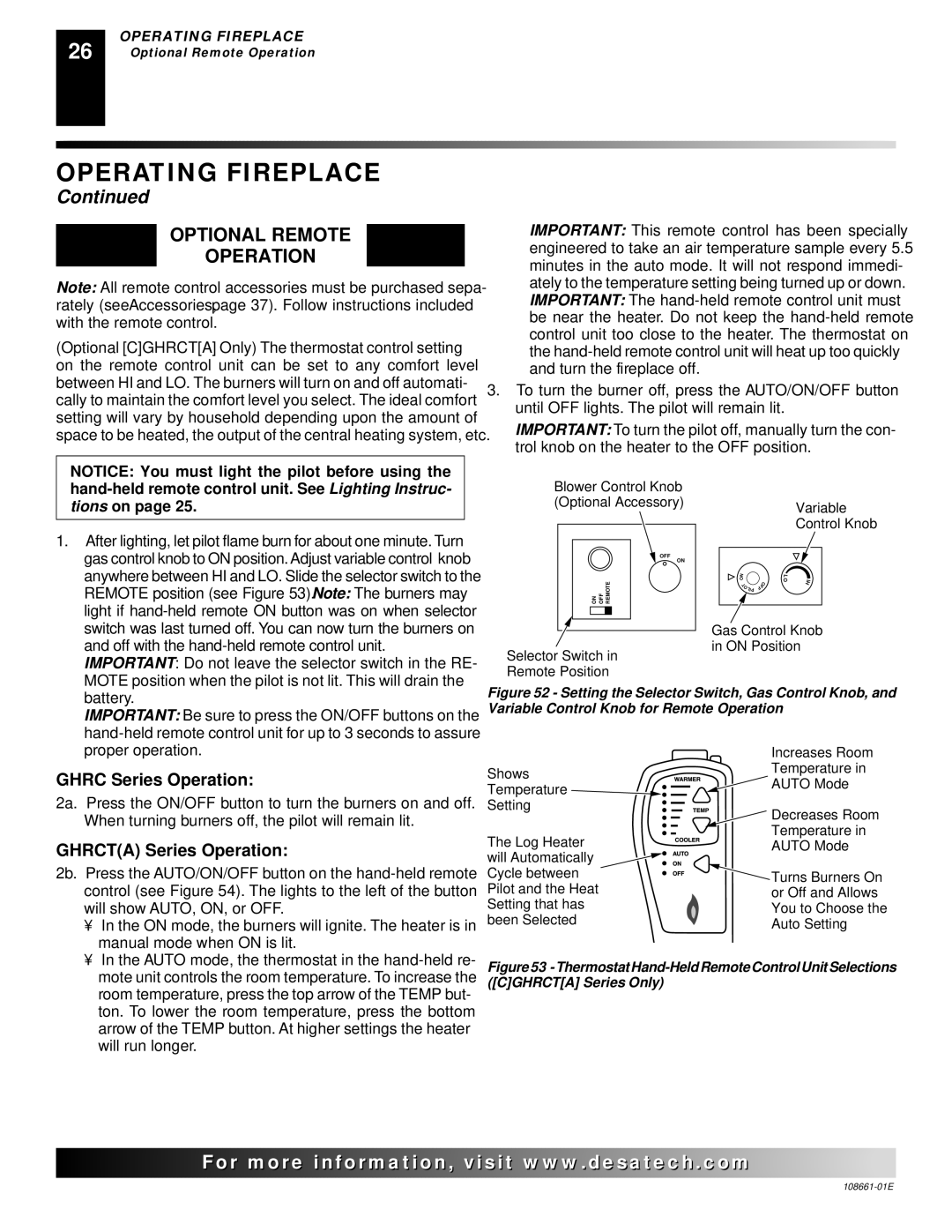 Desa (V)VC36N Series installation manual Optional Remote Operation, Ghrc Series Operation, Ghrcta Series Operation 