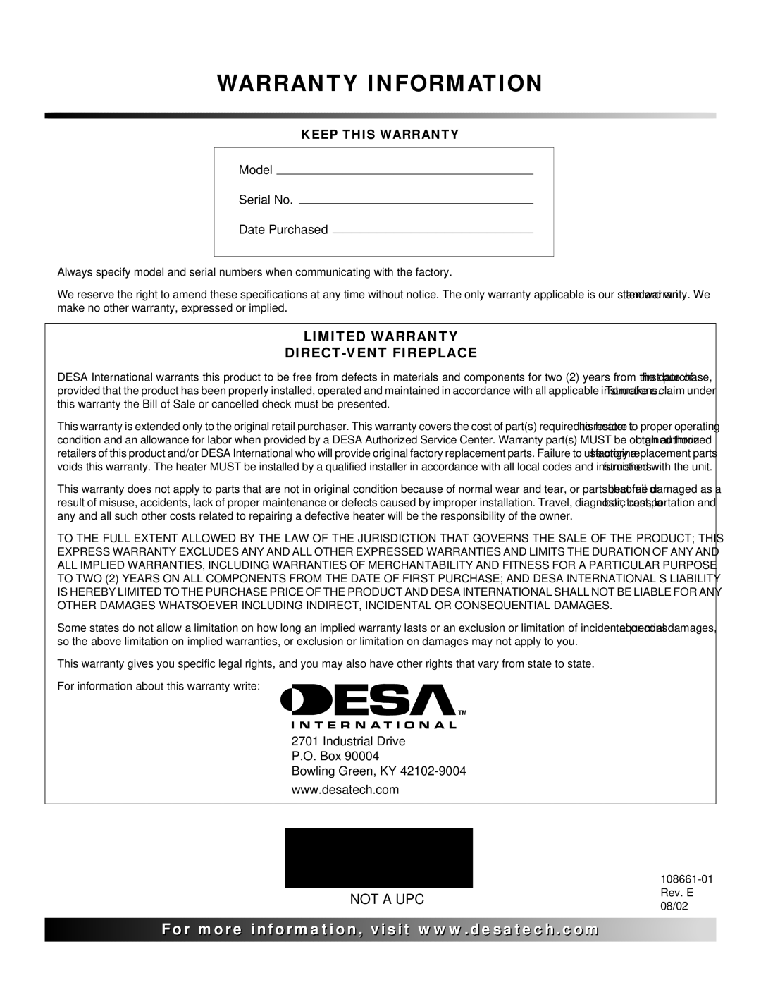 Desa (V)VC36N Series installation manual Warranty Information 