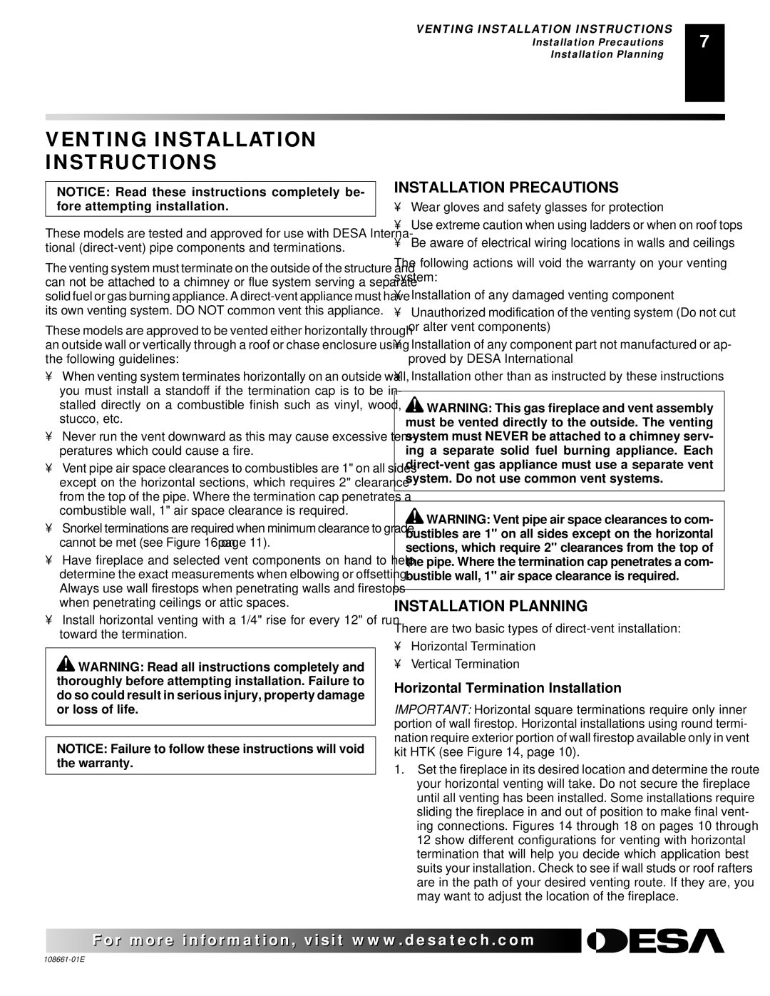 Desa (V)VC36N Series installation manual Venting Installation Instructions, Installation Precautions, Installation Planning 