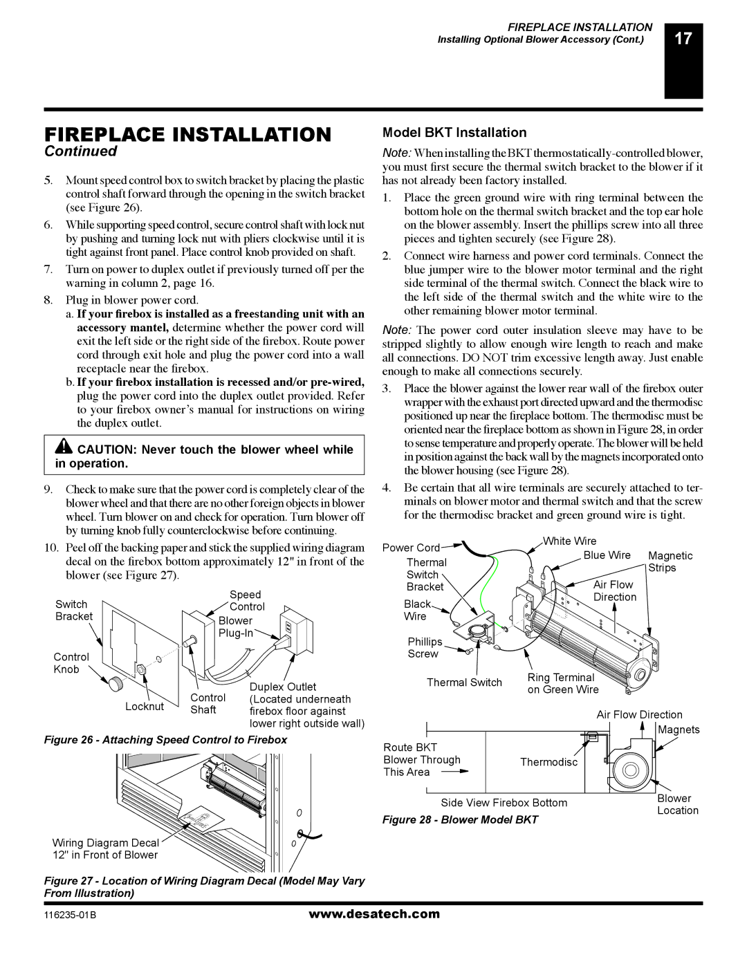 Desa (V)VC36NE Series, (V)VC36PE Series installation manual Fireplace Installation, Model BKT Installation 