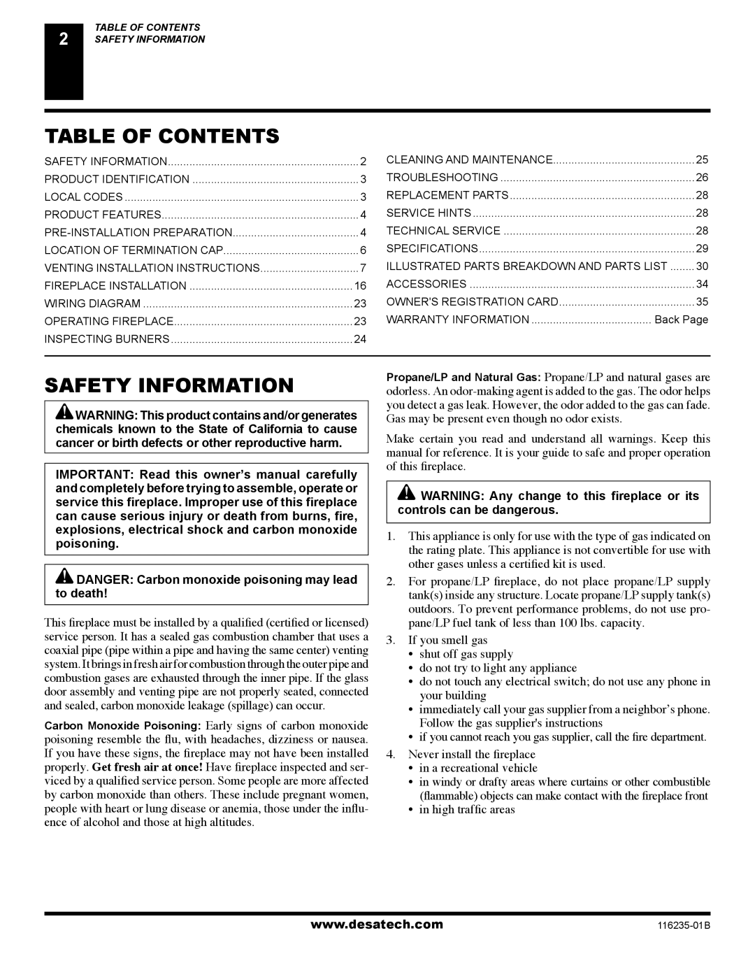 Desa (V)VC36NE Series, (V)VC36PE Series installation manual Table of Contents, Safety Information 