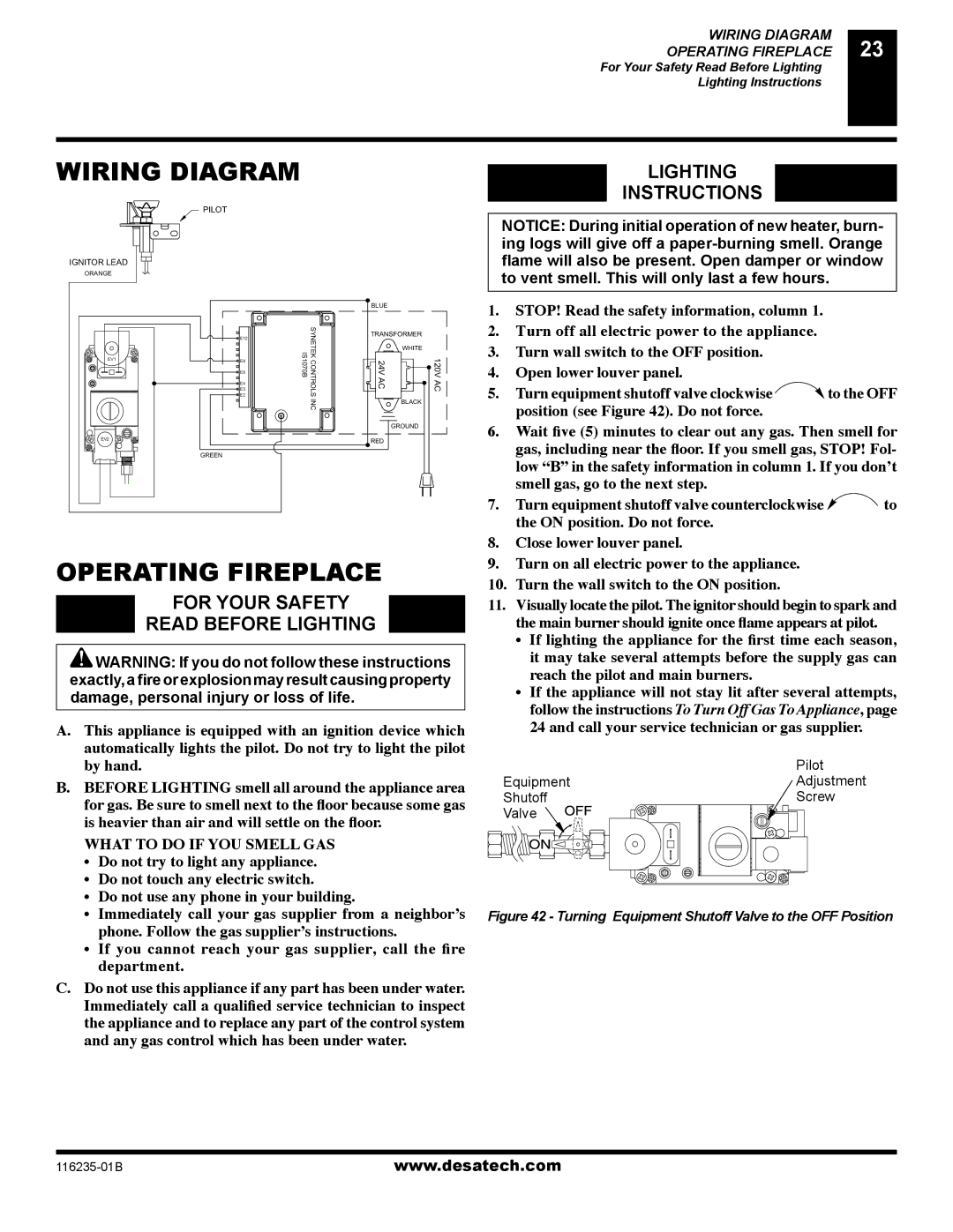 Desa (V)VC36NE Series, (V)VC36PE Series installation manual Wiring Diagram, Operating Fireplace, Lighting Instructions 