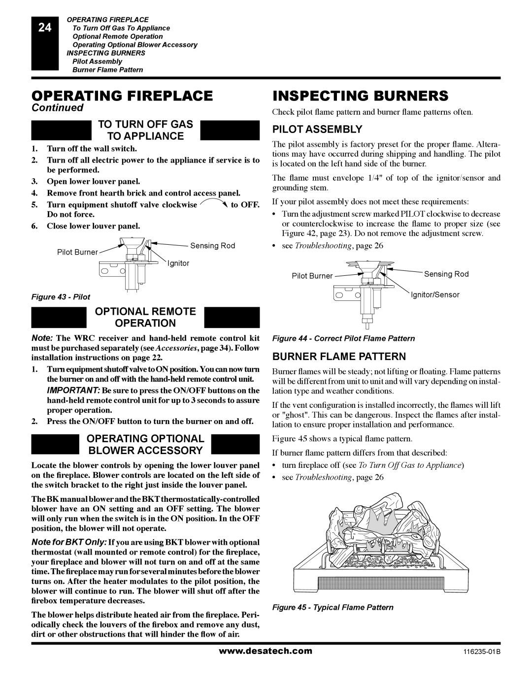 Desa (V)VC36NE Series, (V)VC36PE Series To Turn OFF GAS To Appliance, Optional Remote, Operation, Burner Flame Pattern 