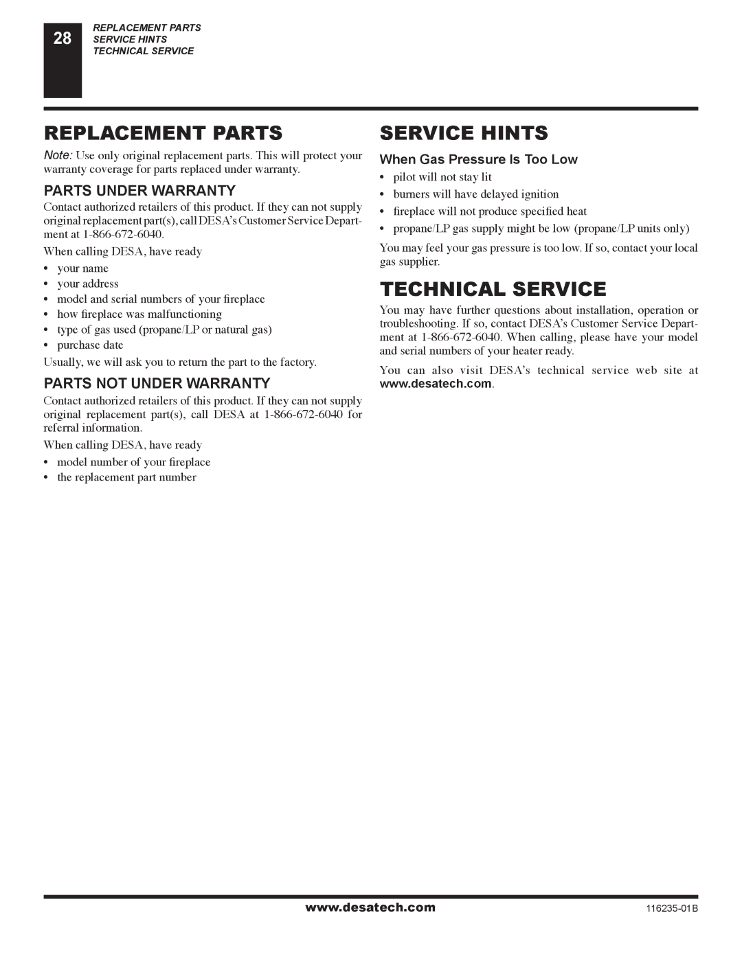 Desa (V)VC36NE Series, (V)VC36PE Series Replacement Parts, Service Hints, Technical Service, Parts Under Warranty 