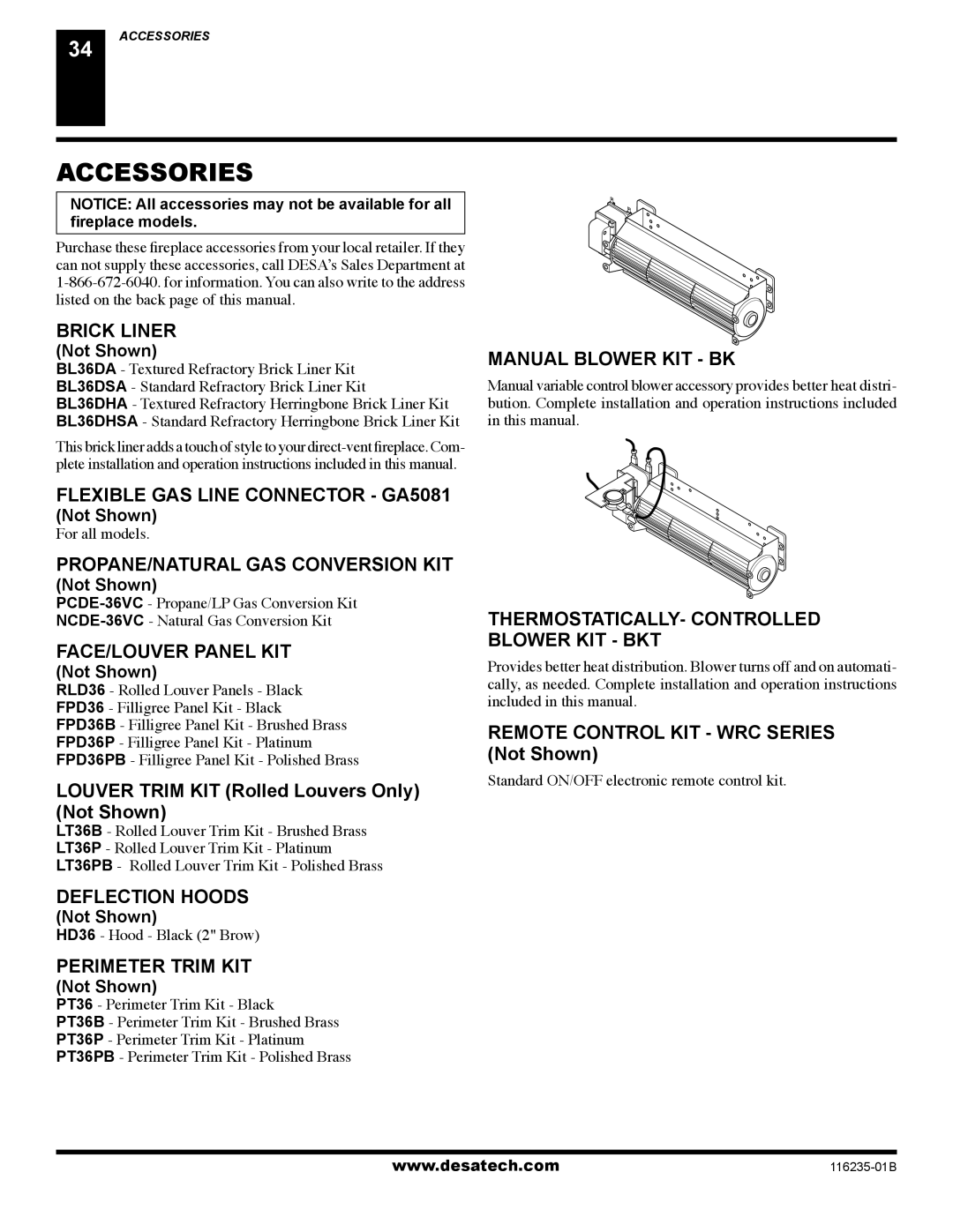 Desa (V)VC36NE Series, (V)VC36PE Series installation manual Accessories 