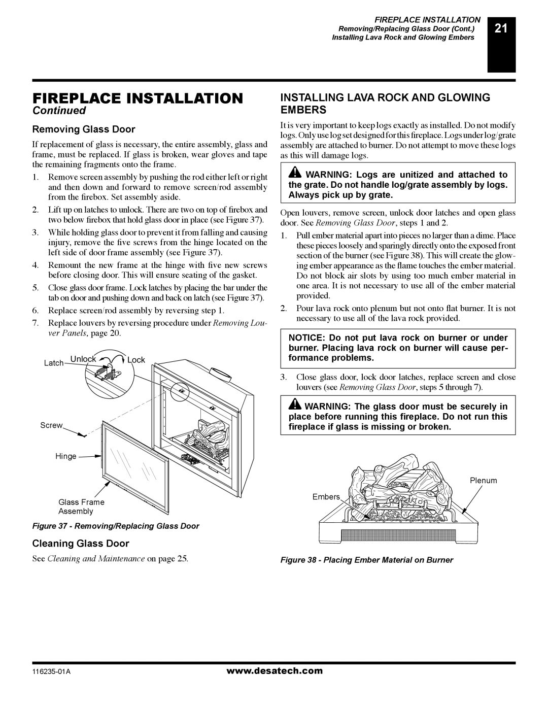 Desa (V)VC36NE Series installation manual Installing Lava Rock and Glowing Embers, Removing Glass Door, Cleaning Glass Door 