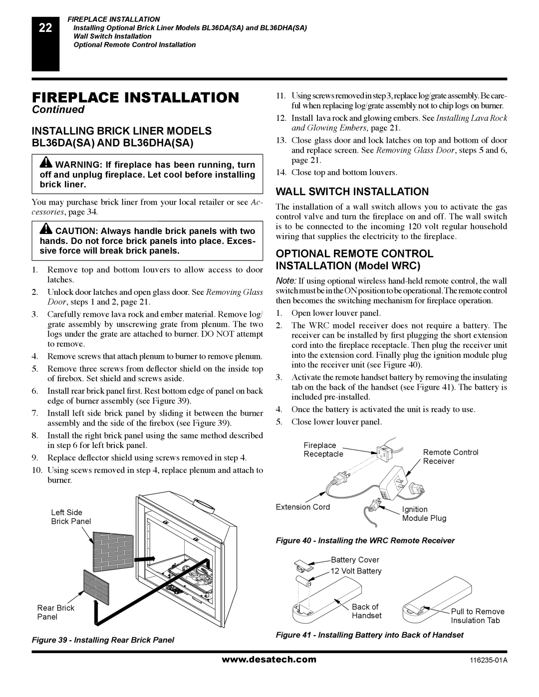 Desa (V)VC36NE Series installation manual Installing Brick Liner Models BL36DASA and BL36DHASA, Wall Switch Installation 