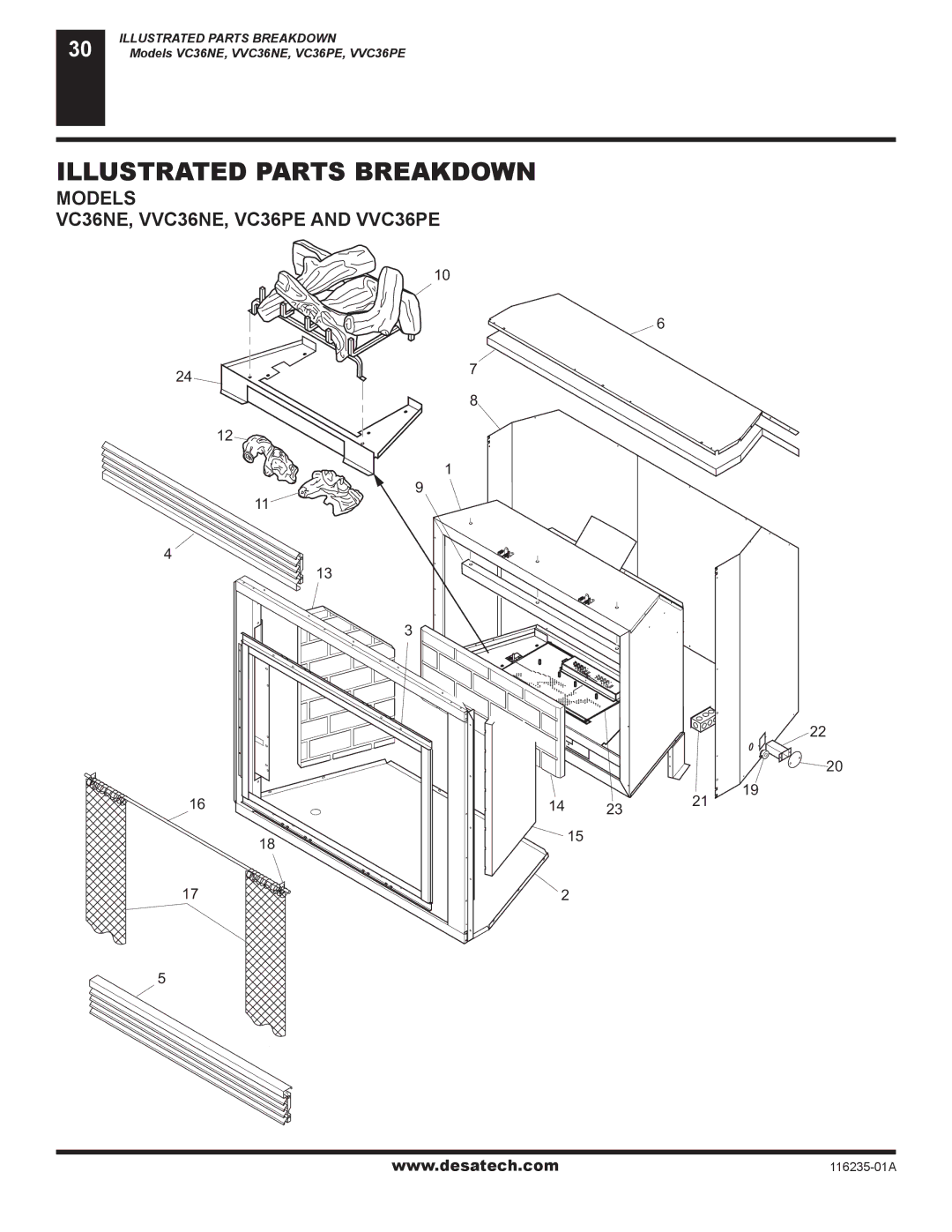 Desa (V)VC36NE Series installation manual Illustrated Parts Breakdown, Models VC36NE, VVC36NE, VC36PE and VVC36PE 