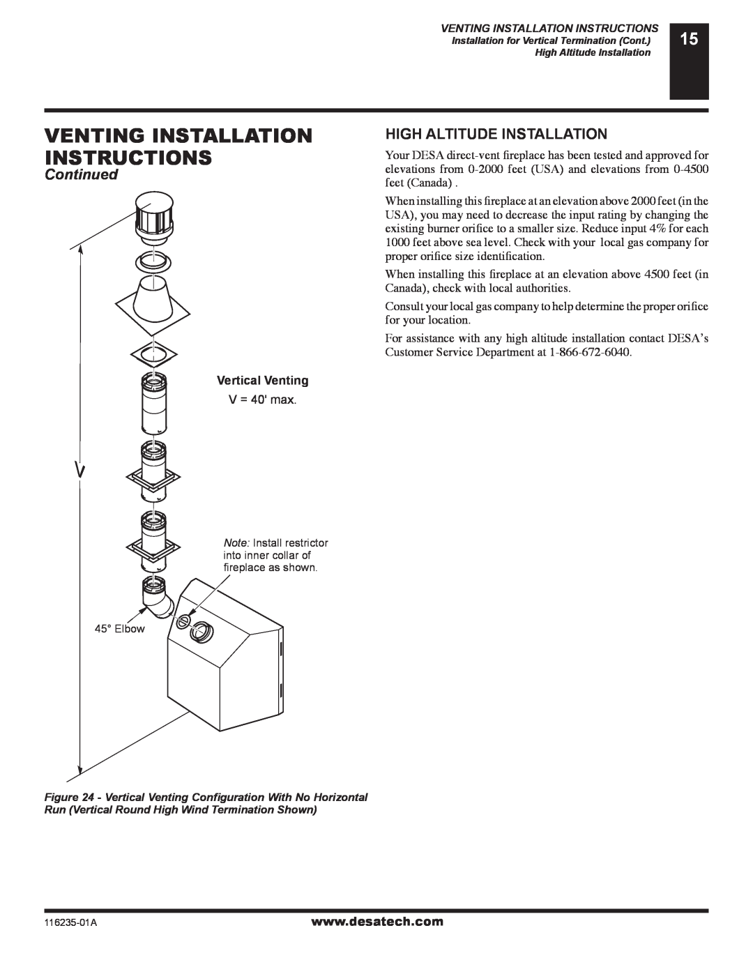 Desa (V)VC36NE Series Venting Installation Instructions, Continued, High Altitude Installation, Vertical Venting 