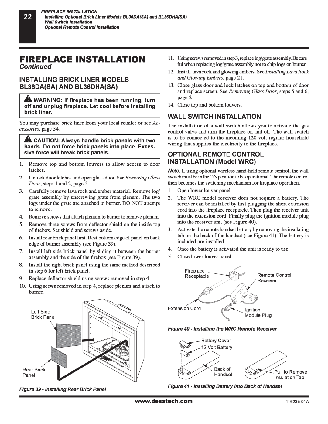 Desa (V)VC36NE Series installation manual Fireplace Installation, Continued, Wall Switch Installation 