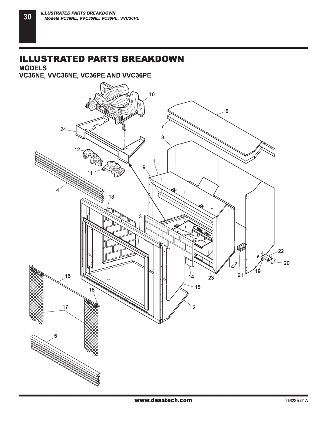 Desa (V)VC36NE Series installation manual Illustrated Parts Breakdown, MODELS VC36NE, VVC36NE, VC36PE AND VVC36PE 
