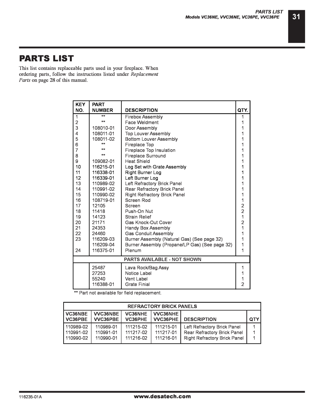 Desa (V)VC36NE Series installation manual Parts List 
