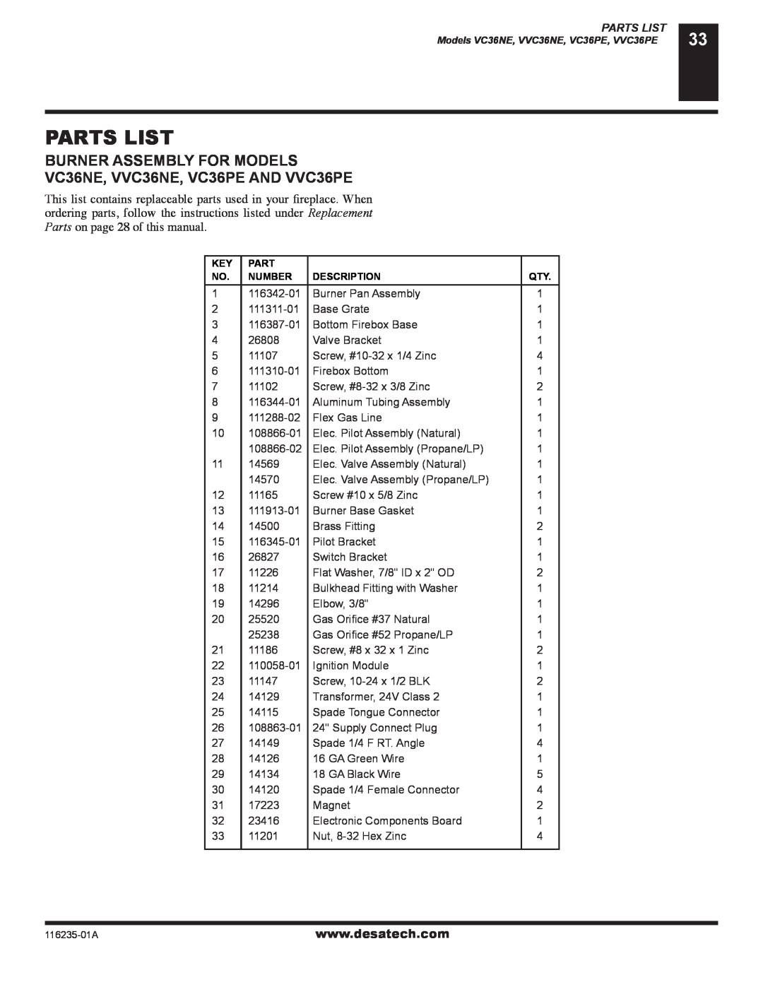 Desa (V)VC36NE Series installation manual Parts List, Burner Assembly For Models, VC36NE, VVC36NE, VC36PE AND VVC36PE 