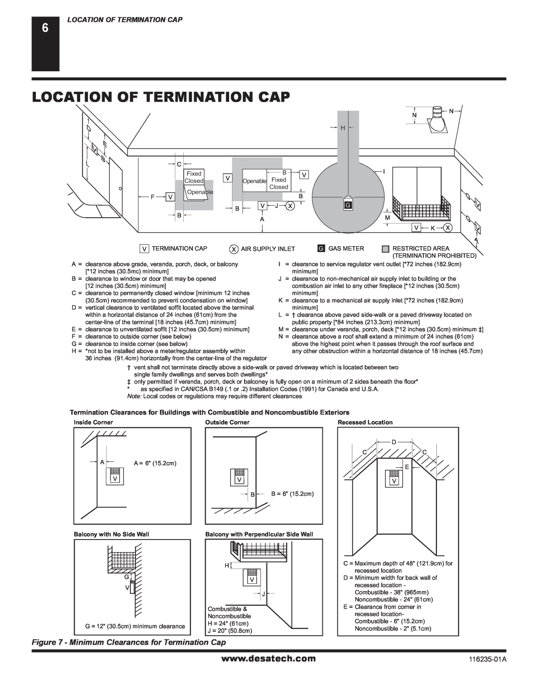 Desa (V)VC36NE Series Location Of Termination Cap, D E B L, Minimum Clearances for Termination Cap, 116235-01A 