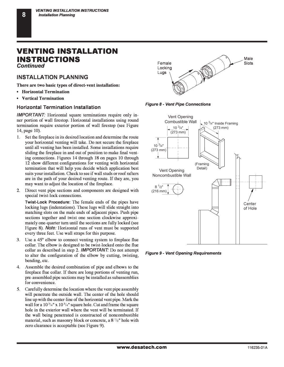 Desa (V)VC36NE Series installation manual Venting Installation Instructions, Continued, Installation Planning 