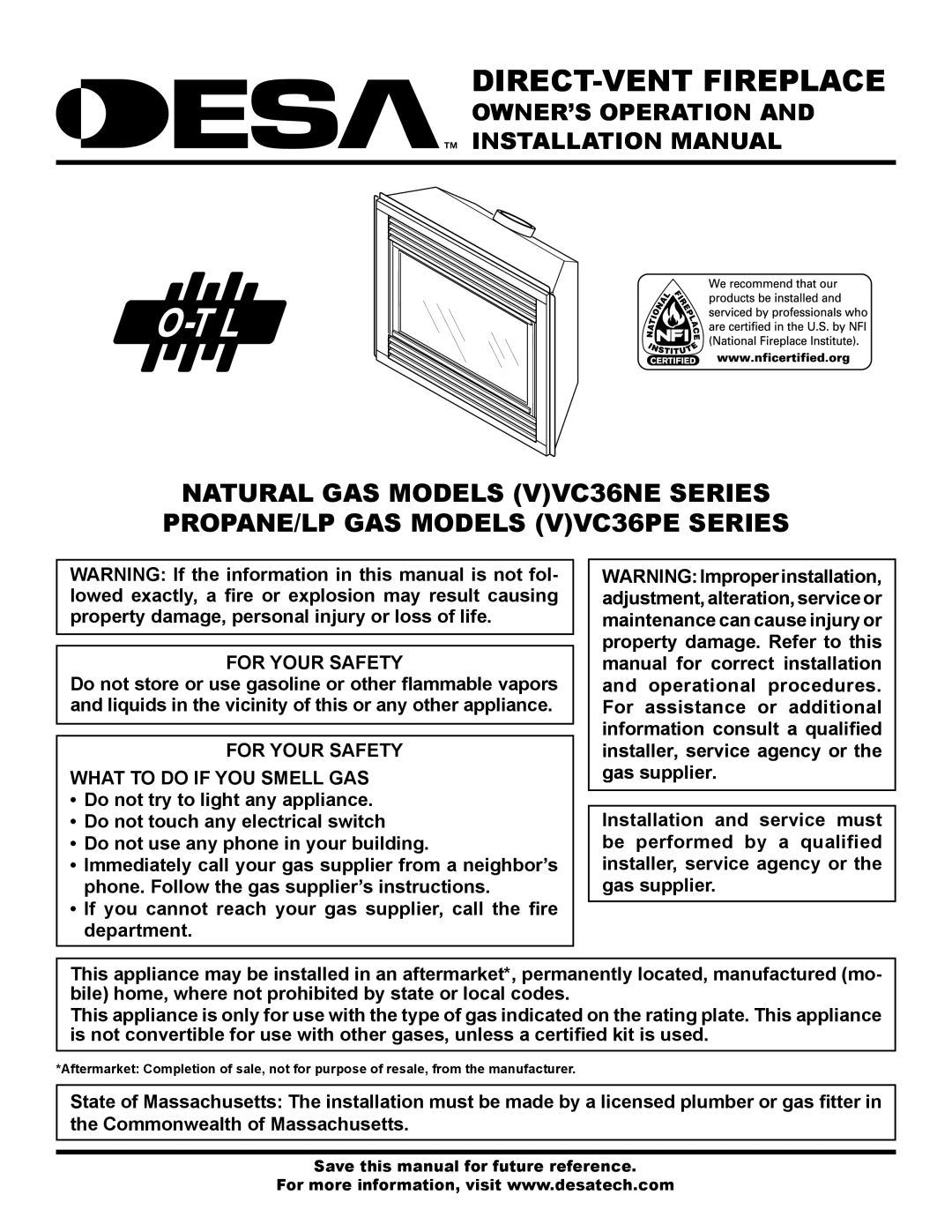 Desa (V)VC36PE, (V)VC36NE installation manual For Your Safety What to do if YOU Smell GAS 