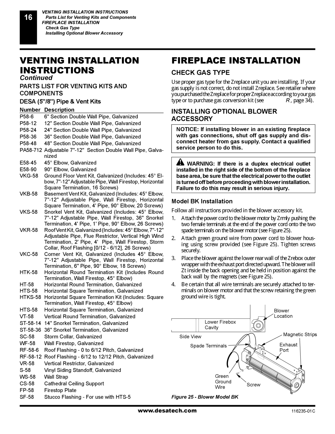 Desa (V)VC36NE Venting Installation, Fireplace Installation Check GAS Type, Installing Optional Blower Accessory 