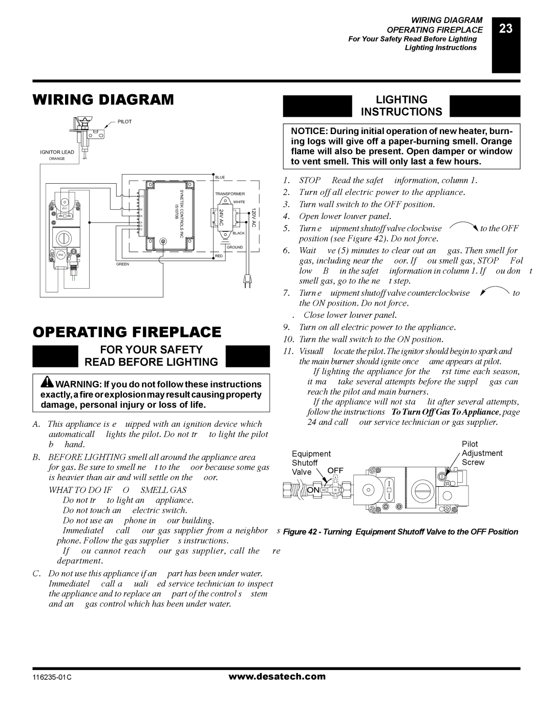 Desa (V)VC36PE, (V)VC36NE Wiring Diagram, Operating Fireplace, Lighting Instructions, For Your Safety Read Before Lighting 