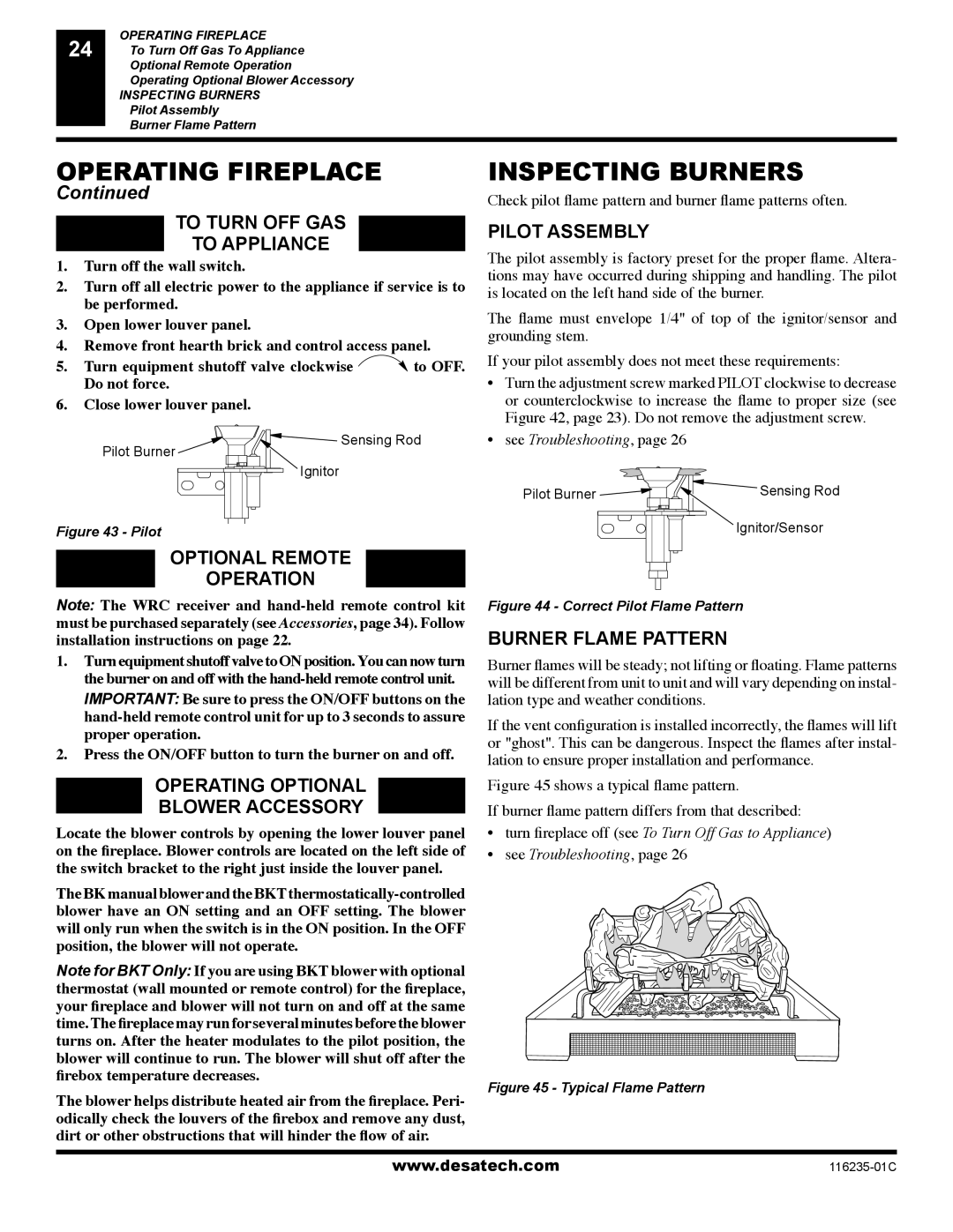 Desa (V)VC36NE, (V)VC36PE To Turn OFF GAS To Appliance, Optional Remote, Operation, Operating Optional Blower Accessory 