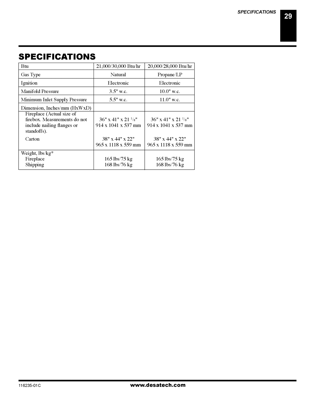 Desa (V)VC36PE, (V)VC36NE installation manual Specifications 