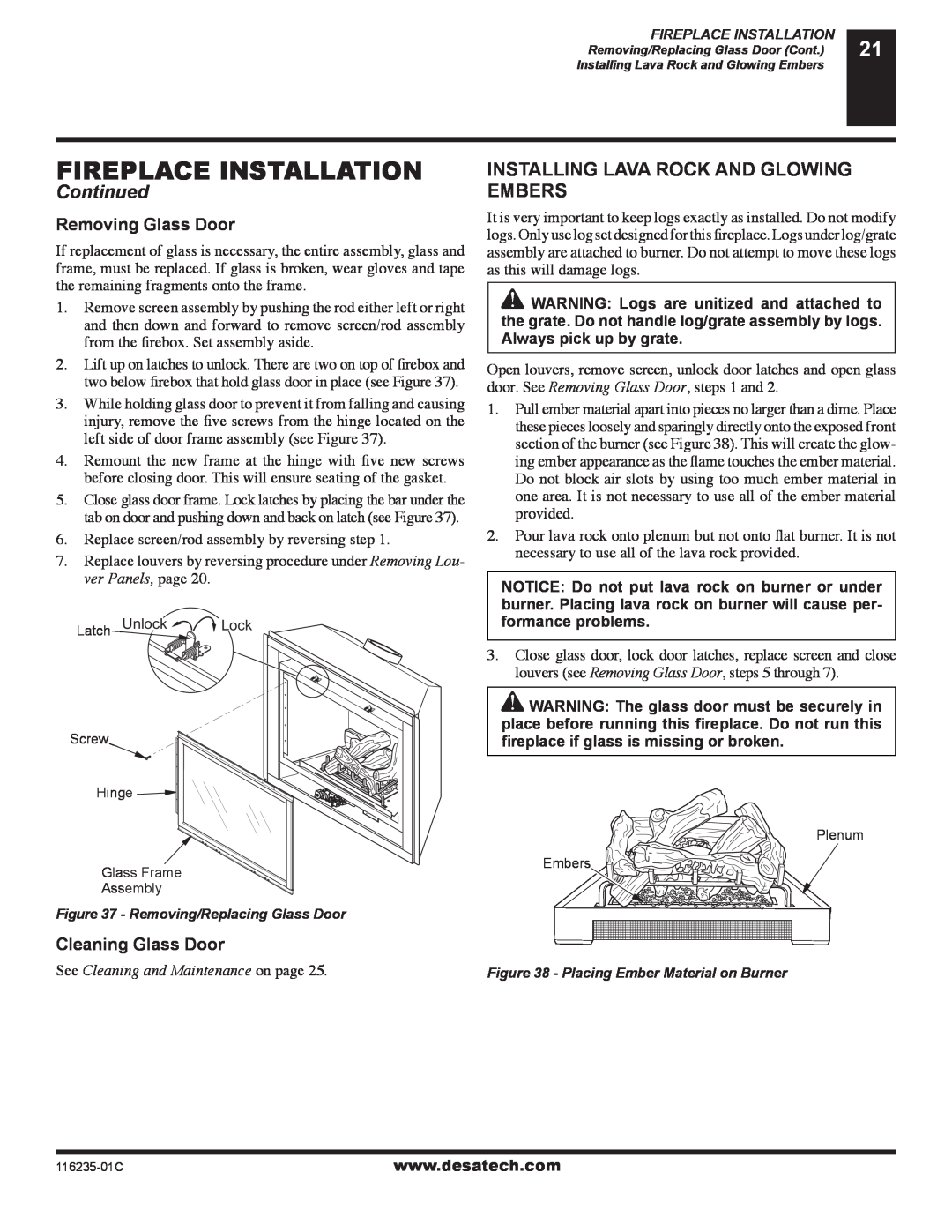 Desa (V)VC36PE, (V)VC36NE installation manual Fireplace Installation, Continued, Removing Glass Door, Cleaning Glass Door 