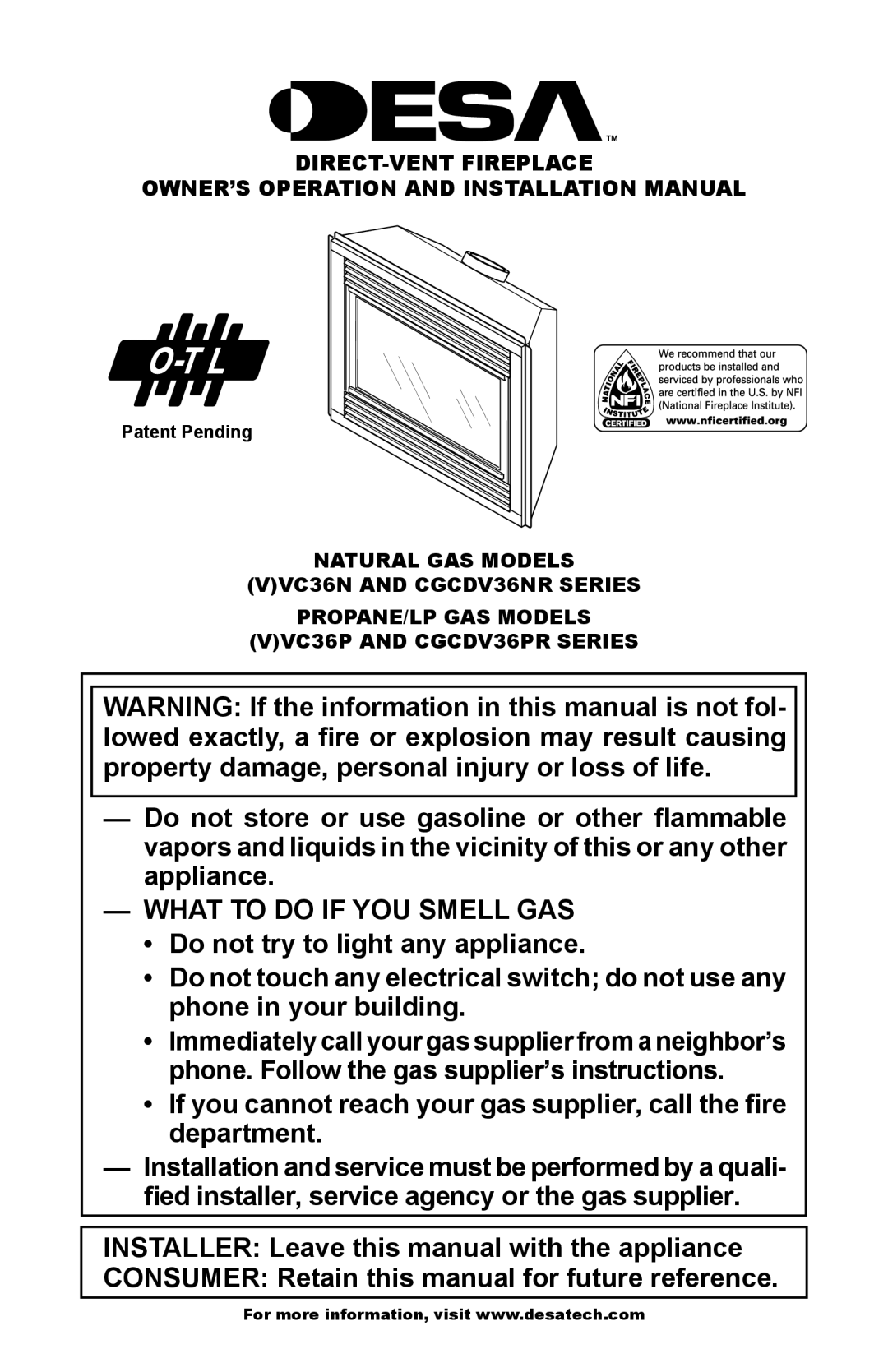 Desa VC36N, C GCDV36NR, VC36P, C GCDV36PR, (V)VC36P Series installation manual What to do if YOU Smell GAS, Patent Pending 