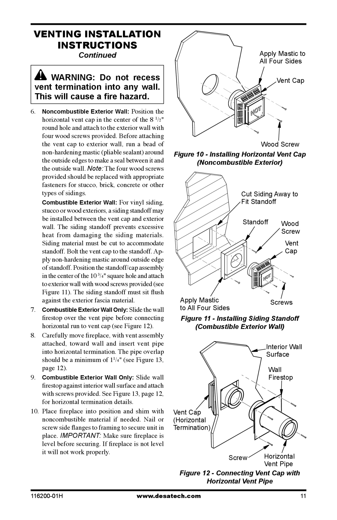 Desa VC36N, C GCDV36NR, VC36P, C GCDV36PR, (V)VC36P Series Installing Horizontal Vent Cap Noncombustible Exterior 