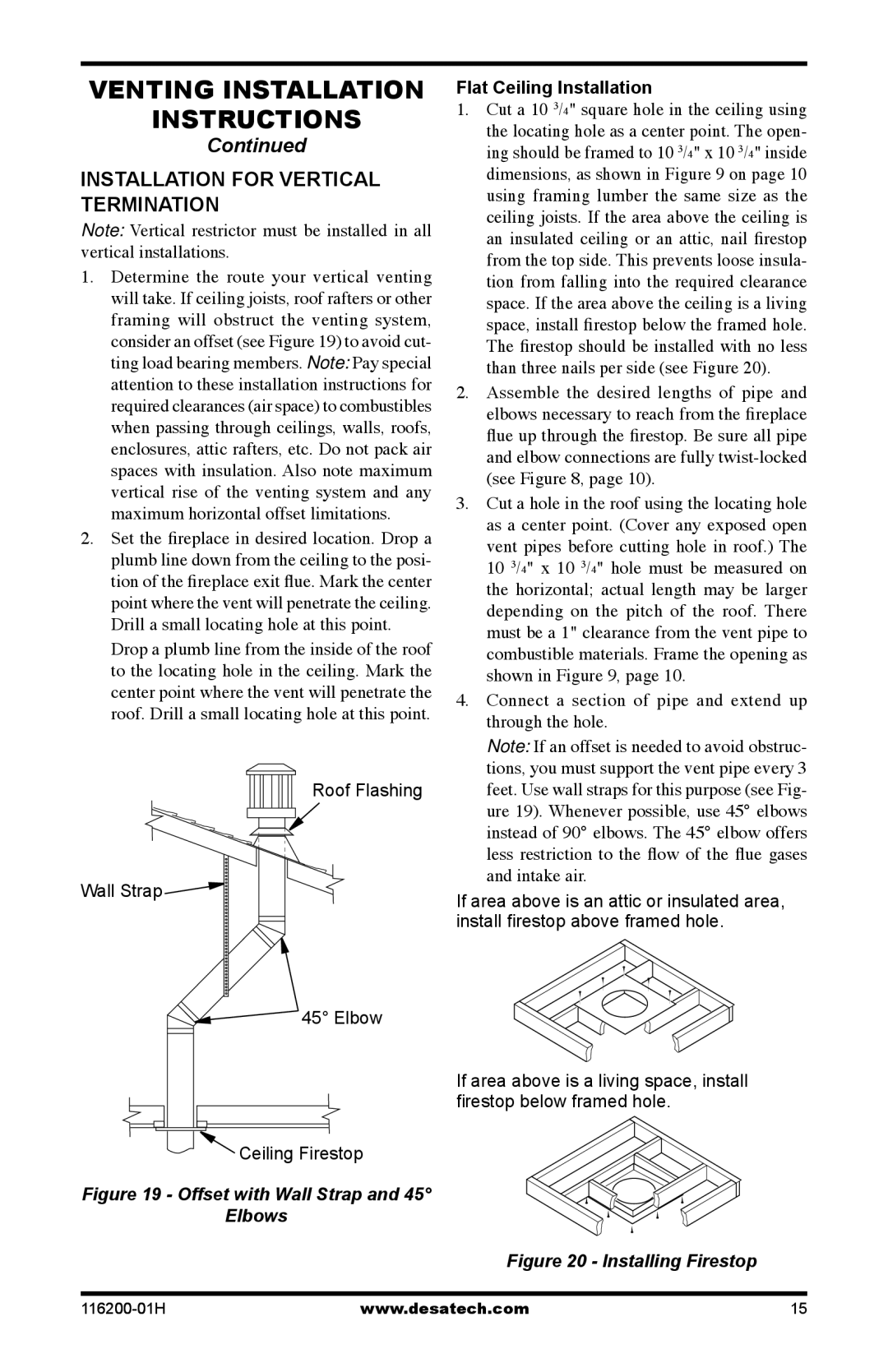 Desa VC36N, C GCDV36NR, VC36P, C GCDV36PR Installation for vertical termination, Flat Ceiling Installation 