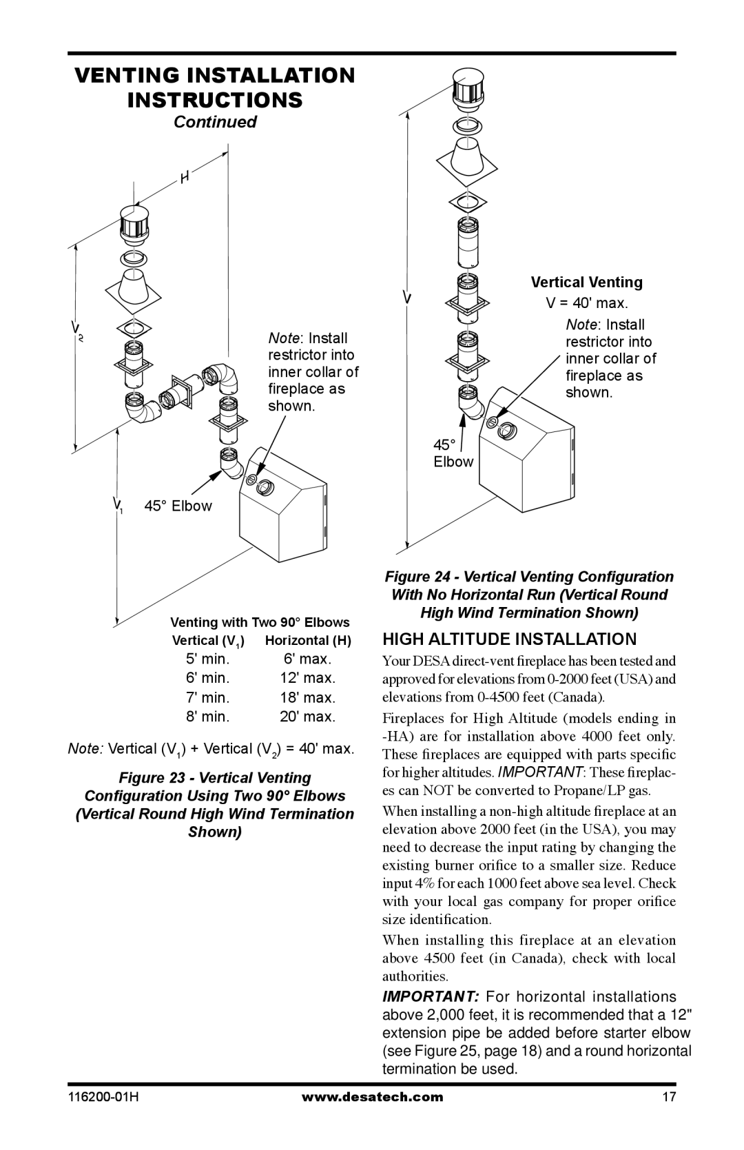 Desa VC36N, C GCDV36NR, VC36P, C GCDV36PR, (V)VC36P Series installation manual High Altitude Installation, Vertical Venting 