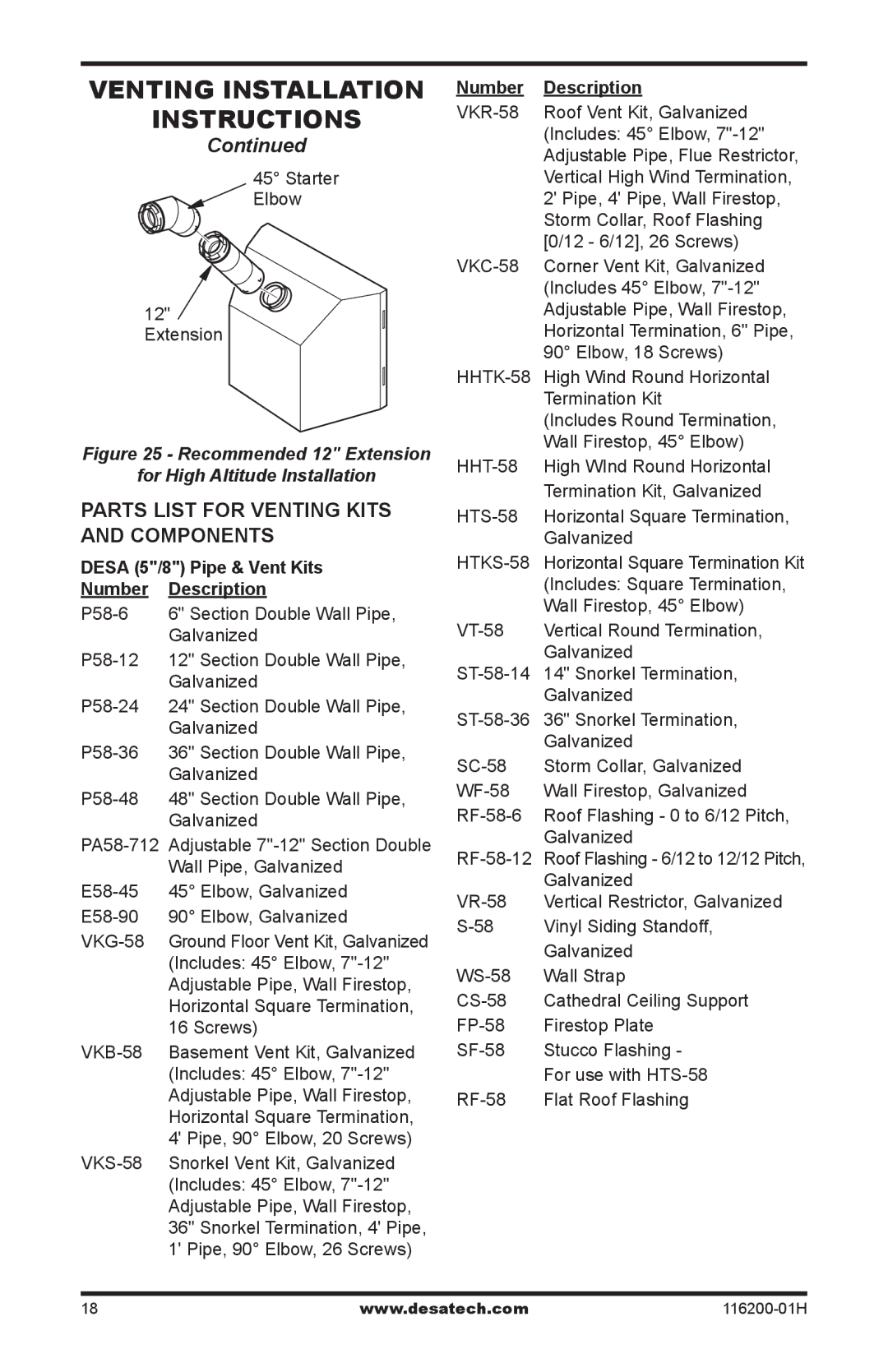 Desa (V)VC36P Series Parts list for venting kits and components, Desa 5/8 Pipe & Vent Kits Number Description 