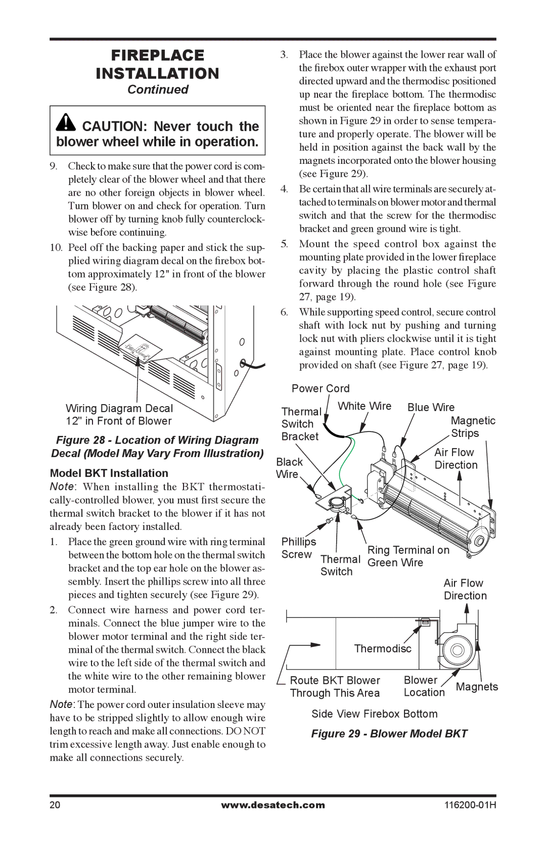 Desa (V)VC36P Series, VC36N, C GCDV36NR, VC36P, C GCDV36PR installation manual Model BKT Installation, Blower Model BKT 