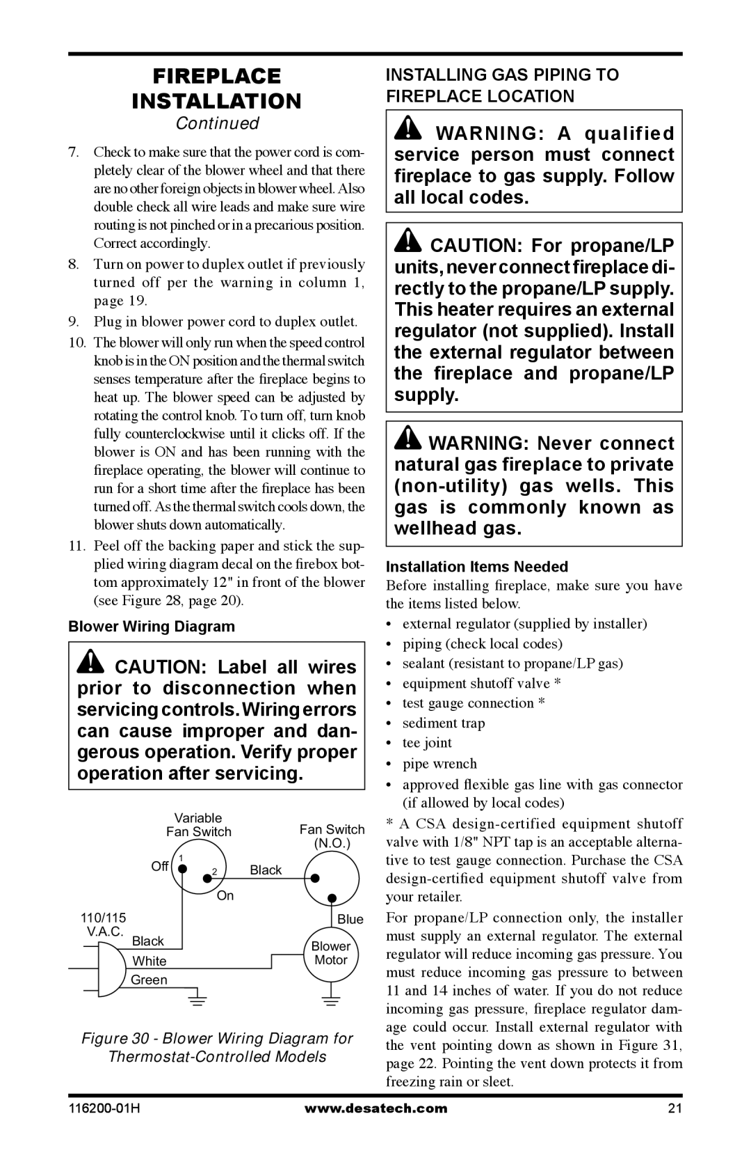 Desa VC36N, C GCDV36NR, VC36P, C GCDV36PR Installing Gas Piping to Fireplace Location, Blower Wiring Diagram 