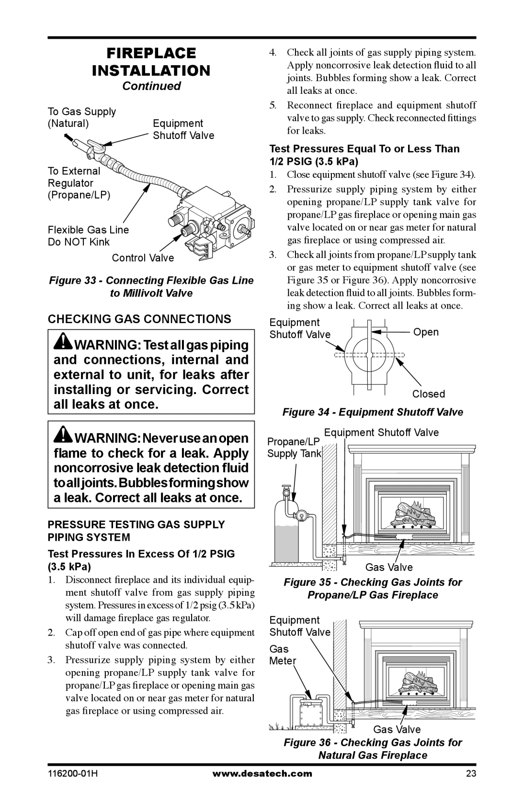 Desa VC36N, C GCDV36NR, VC36P, C GCDV36PR Checking GAS Connections, Test Pressures Equal To or Less Than Psig 3.5 kPa 